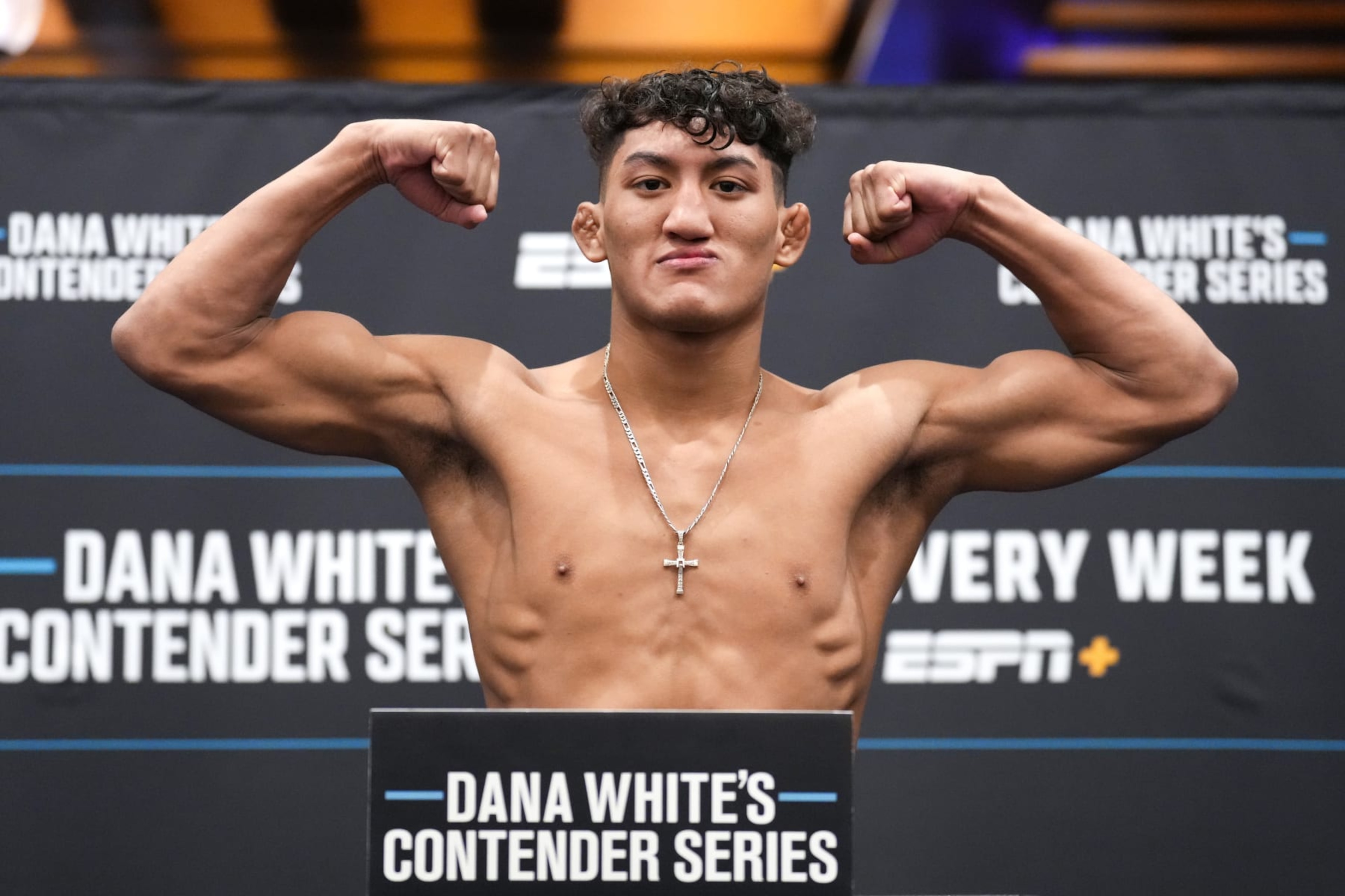 LAS VEGAS, NEVADA - SEPTEMBER 19: Raul Rosas Jr. poses on the scale during Dana White's Contender series season six, week nine weigh-in at Palace Station on September 19, 2022 in Las Vegas, Nevada. (Photo by Chris Unger/Zuffa LLC)