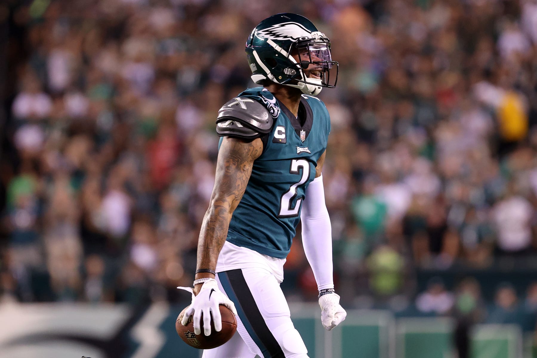 PHILADELPHIA, PENNSYLVANIA - SEPTEMBER 19: Darius Slay #2 of the Philadelphia Eagles celebrates after his interception during the third quarter against the Minnesota Vikings at Lincoln Financial Field on September 19, 2022 in Philadelphia, Pennsylvania. (Photo by Tim Nwachukwu/Getty Images)