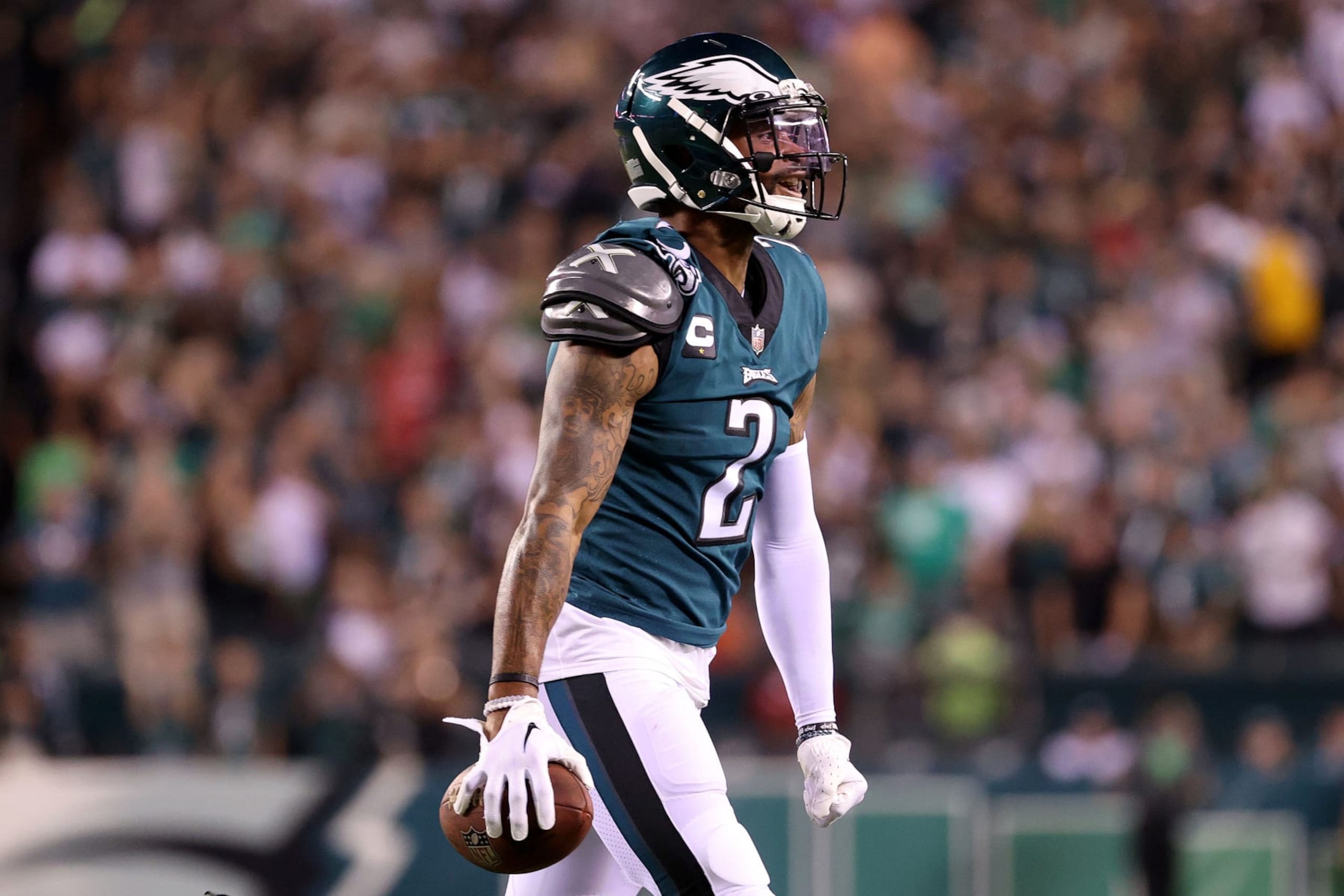 PHILADELPHIA, PENNSYLVANIA - SEPTEMBER 19: Darius Slay #2 of the Philadelphia Eagles celebrates after his interception during the third quarter against the Minnesota Vikings at Lincoln Financial Field on September 19, 2022 in Philadelphia, Pennsylvania. (Photo by Tim Nwachukwu/Getty Images)
