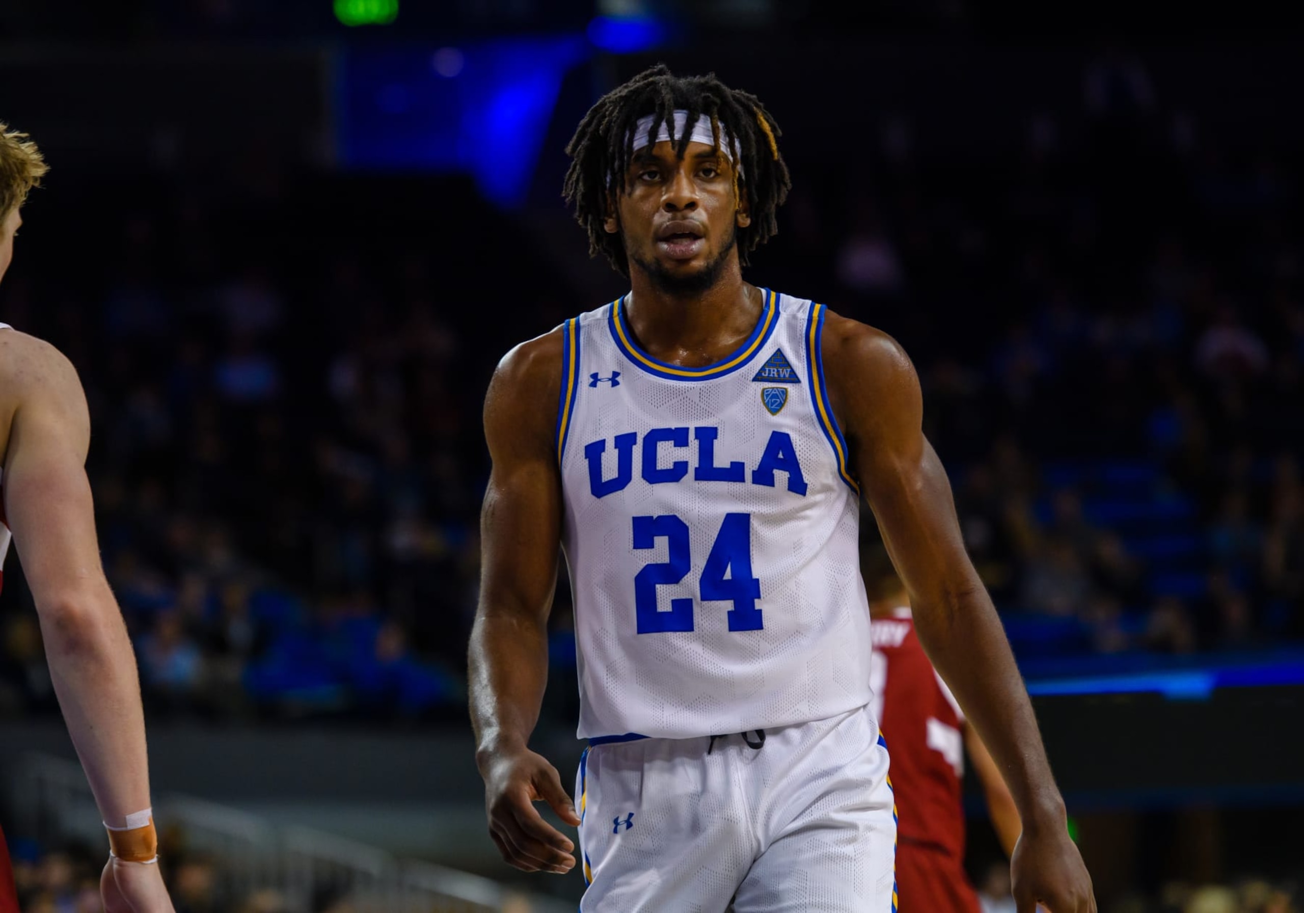 LOS ANGELES, CA - JANUARY 15: UCLA Bruins forward Jalen Hill (24) walks back up the court during the game between the Stanford Cardinal and the UCLA Bruins on January 15, 2020, at Pauley Pavilion in Los Angeles, CA. (Photo by David Dennis/Icon Sportswire via Getty Images)