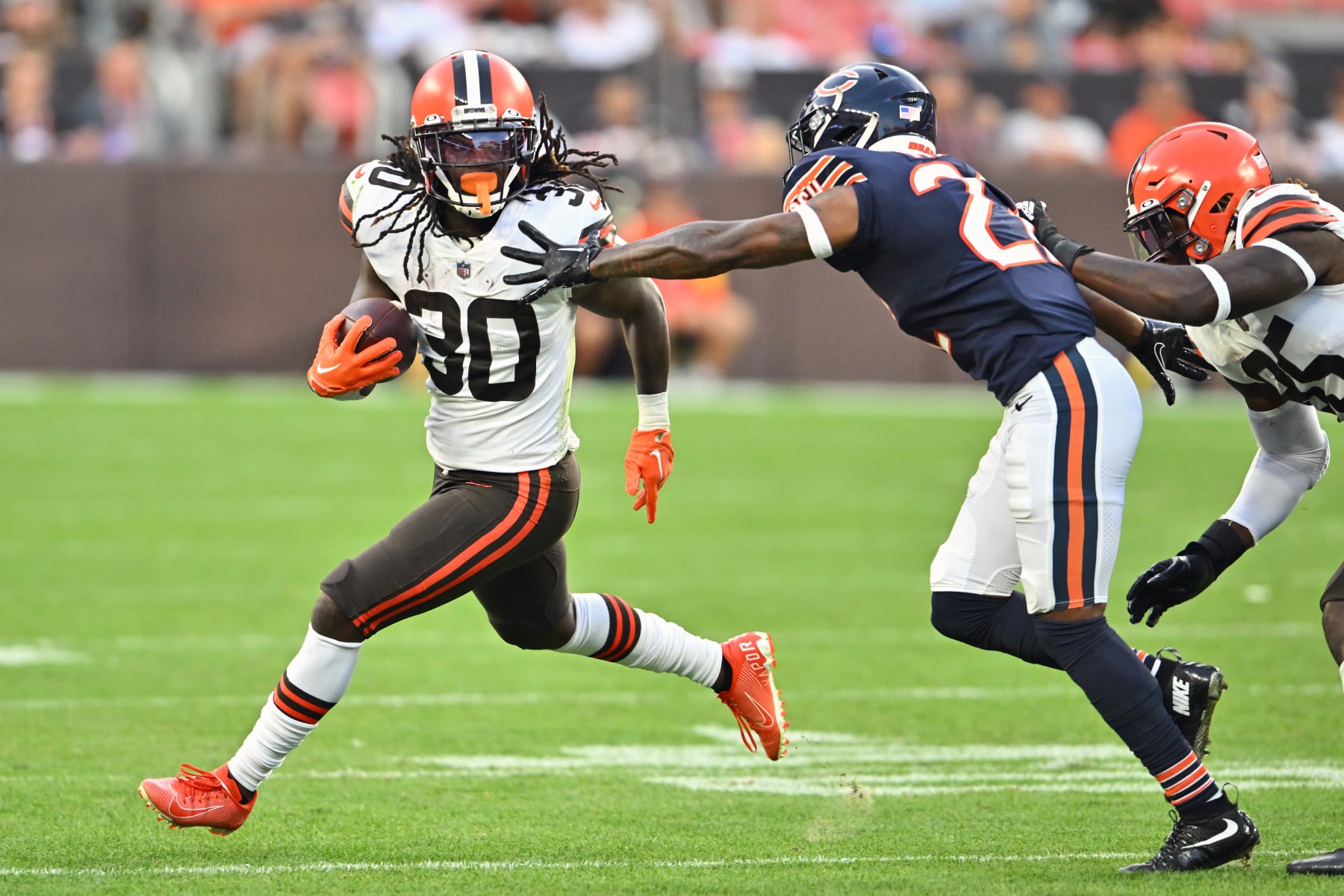 CLEVELAND, OHIO - AUGUST 27: Running back D'Ernest Johnson #30 of the Cleveland Browns runs for a gain during the second quarter of a preseason game against the Chicago Bears at FirstEnergy Stadium on August 27, 2022 in Cleveland, Ohio. (Photo by Jason Miller/Getty Images)