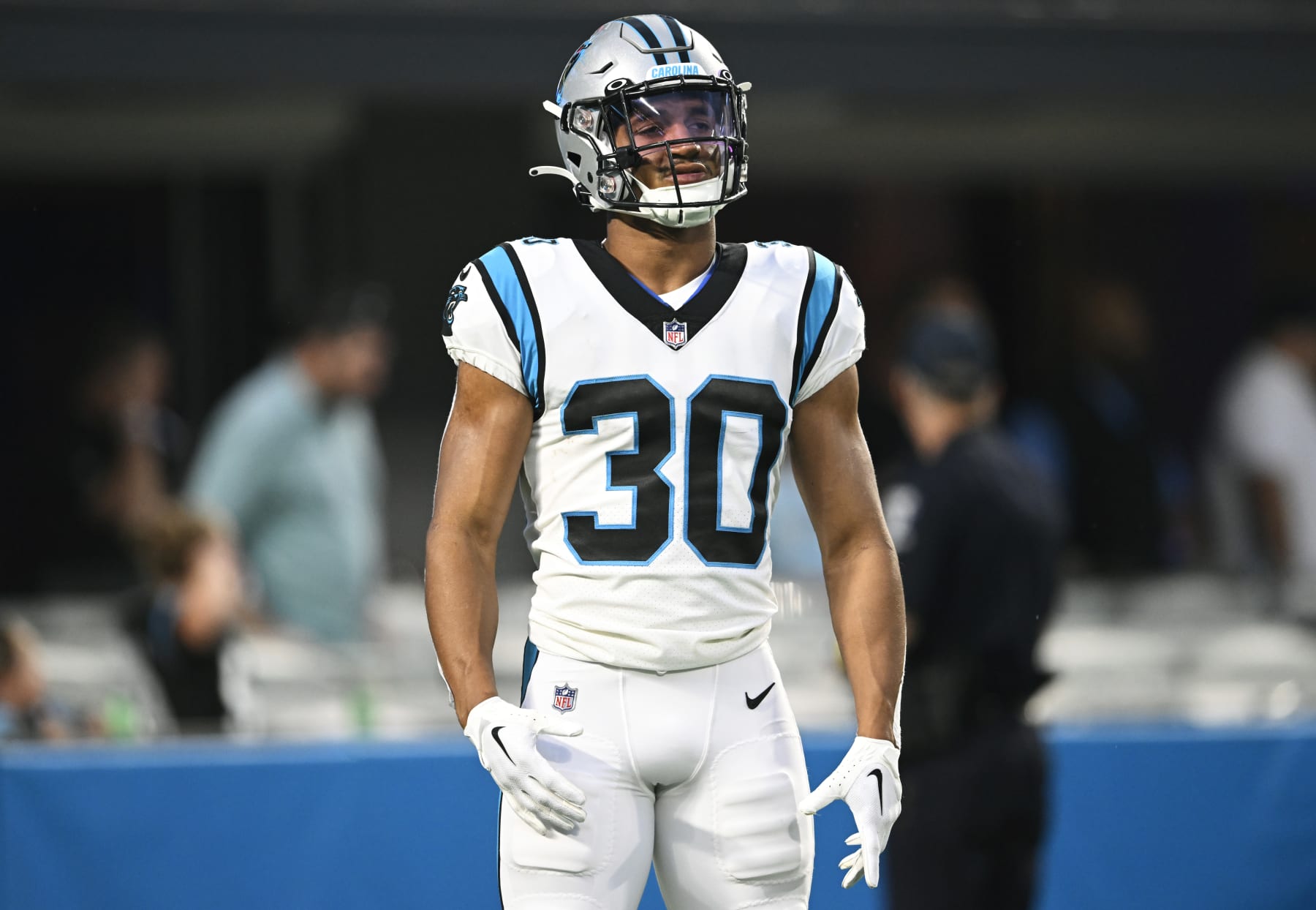 CHARLOTTE, NORTH CAROLINA - AUGUST 26: Chuba Hubbard #30 of the Carolina Panthers waits for kickoff from the Buffalo Bills during a preseason game at Bank of America Stadium on August 26, 2022 in Charlotte, North Carolina. (Photo by Eakin Howard/Getty Images)