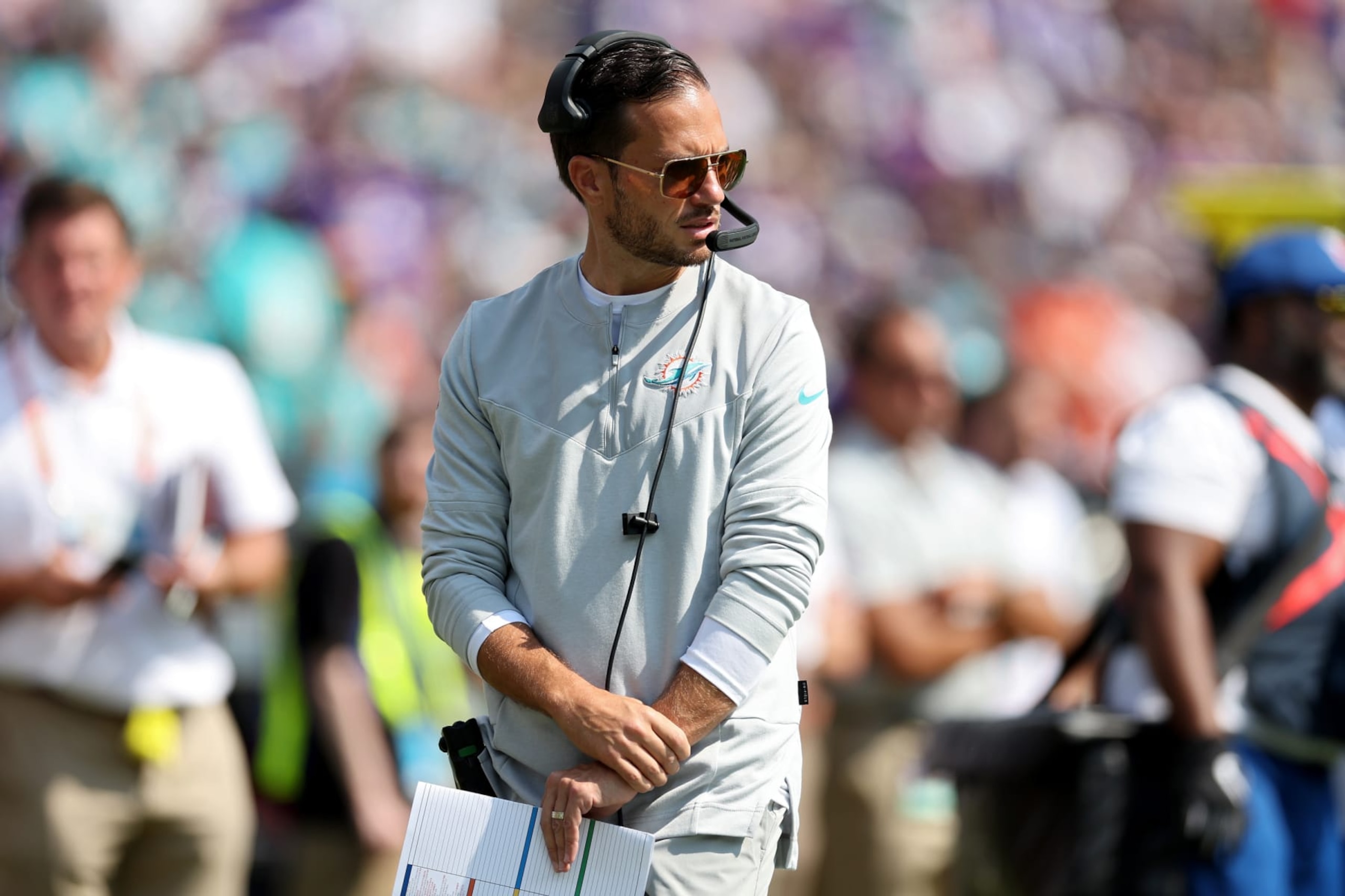 BALTIMORE, MARYLAND - SEPTEMBER 18: Miami Dolphins head coach Mike McDaniel looks on in the second quarter against the Baltimore Ravens at M&T Bank Stadium on September 18, 2022 in Baltimore, Maryland. (Photo by Rob Carr/Getty Images)