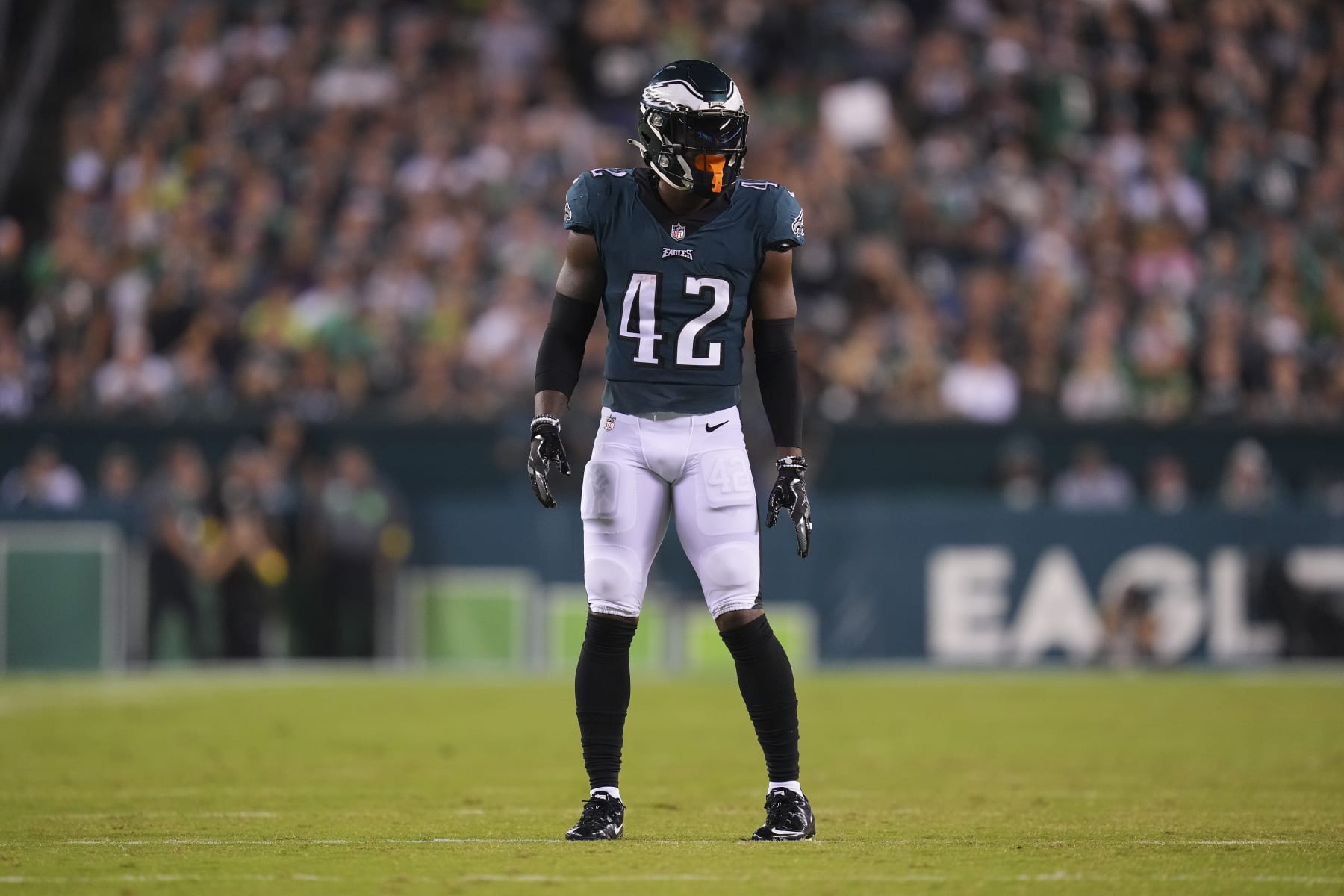 PHILADELPHIA, PA - SEPTEMBER 19: K'Von Wallace #42 of the Philadelphia Eagles looks on against the Minnesota Vikings at Lincoln Financial Field on September 19, 2022 in Philadelphia, Pennsylvania. (Photo by Mitchell Leff/Getty Images)