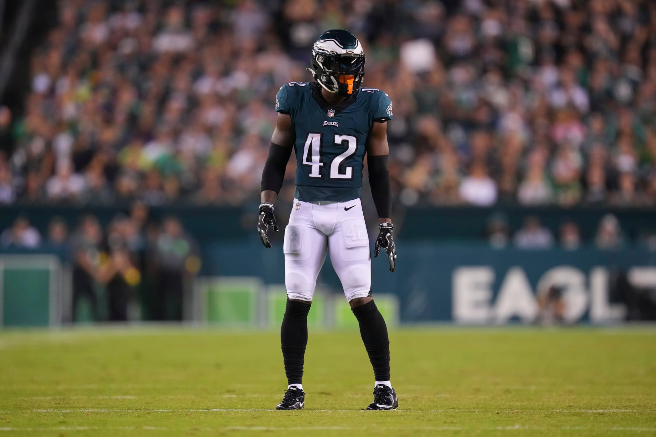 PHILADELPHIA, PA - SEPTEMBER 19: K'Von Wallace #42 of the Philadelphia Eagles looks on against the Minnesota Vikings at Lincoln Financial Field on September 19, 2022 in Philadelphia, Pennsylvania. (Photo by Mitchell Leff/Getty Images)