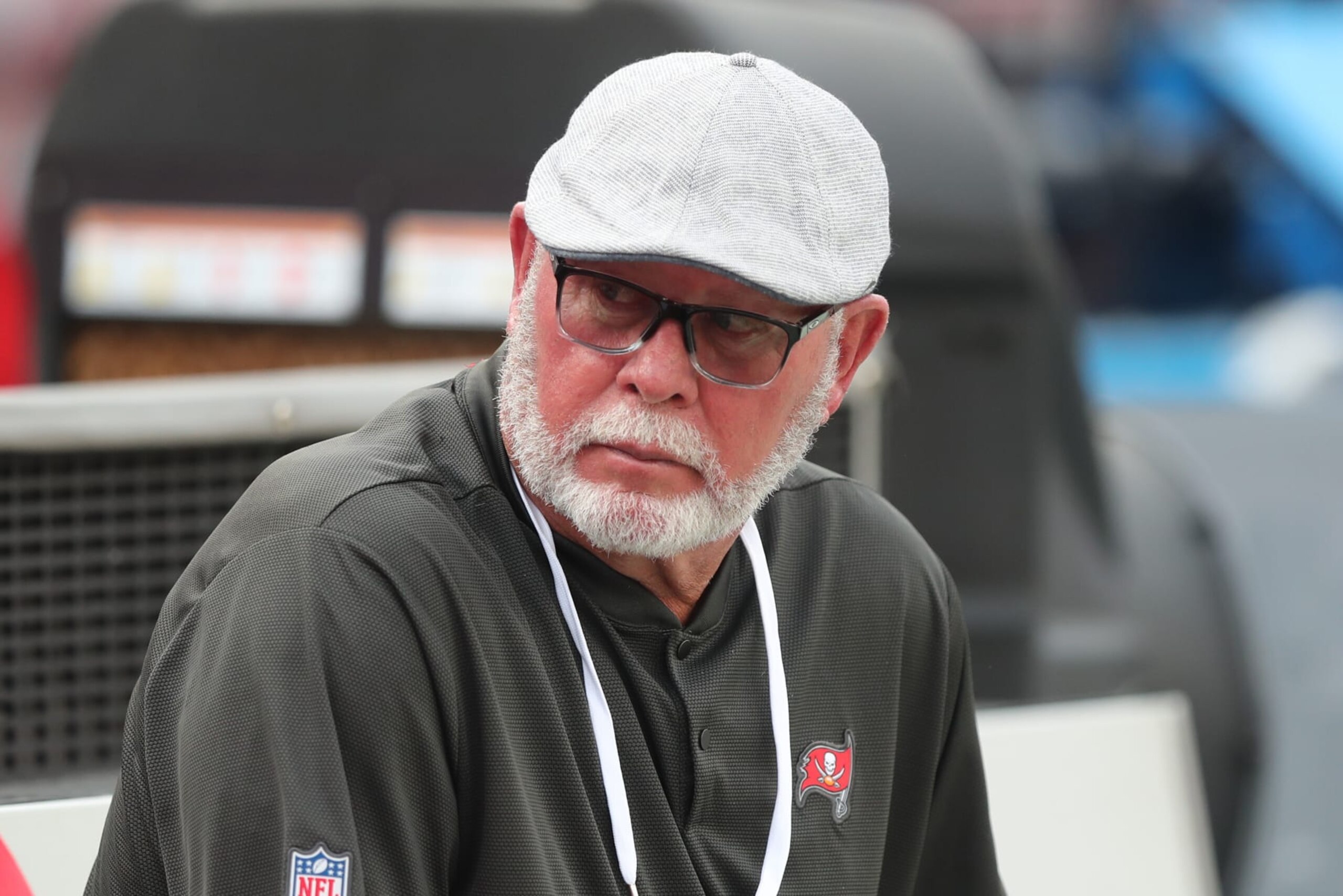 TAMPA, FL - AUGUST 13: Former Head Coach and current Senior Advisor to the General Manager Bruce Arians sits on the bench before the preseason game between the Miami Dolphins and the Tampa Bay Buccaneers on August 13, 2022 at Raymond James Stadium in Tampa, Florida. (Photo by Cliff Welch/Icon Sportswire via Getty Images)