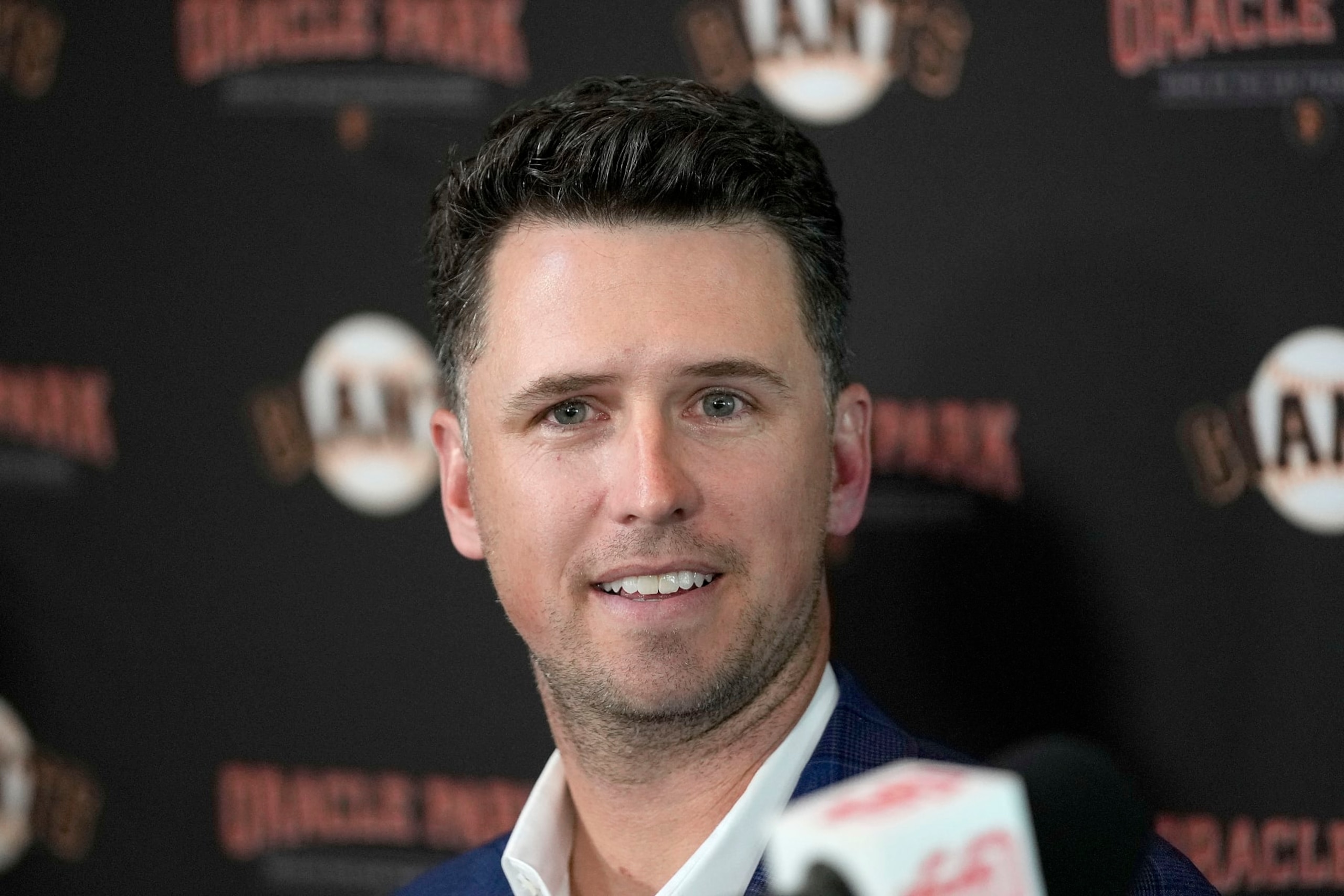 San Francisco Giants catcher Buster Posey talks during a news conference announcing his retirement from baseball, Thursday, Nov. 4, 2021, in San Francisco. (AP Photo/Tony Avelar) San Francisco Giants catcher Buster Posey talks during a news conference announcing his retirement from baseball, Thursday, Nov. 4, 2021, in San Francisco. (AP Photo/Tony Avelar)