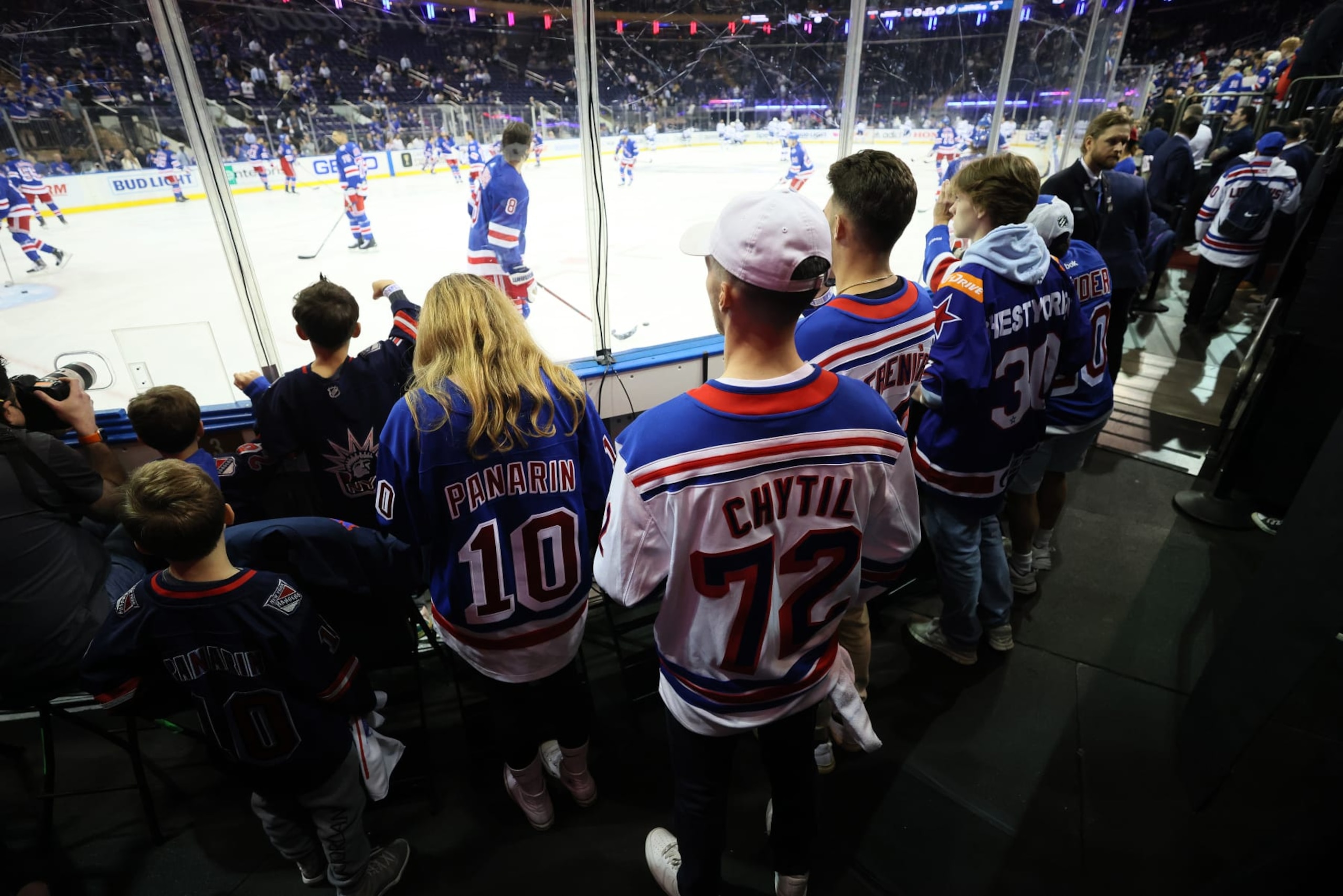 NEW YORK, NEW YORK - JUNE 01: Fans watch as the New York Rangers warm up prior to Game One against the Tampa Bay Lightning in the Eastern Conference Final of the 2022 Stanley Cup Playoffs at Madison Square Garden on June 01, 2022 in New York City. (Photo by Bruce Bennett/Getty Images)