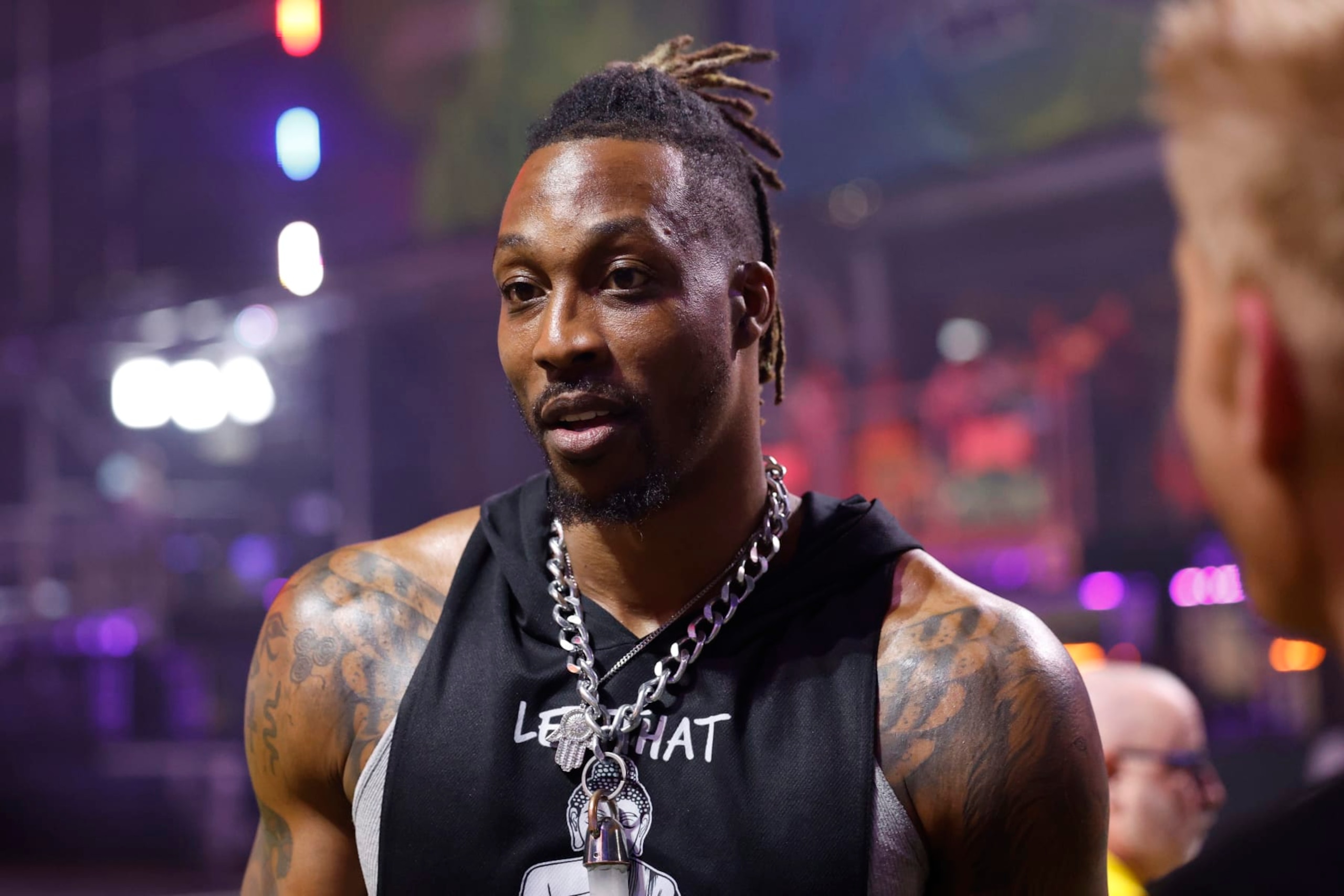 ATLANTA, GEORGIA - MAY 14: NBA player Dwight Howard looks on prior to the game between Bored Ape FC and the Knights of Degan during Fan Controlled Football Season v2.0 - Week Five on May 14, 2022 in Atlanta, Georgia. (Photo by Brett Carlsen/Fan Controlled Football/Getty Images)