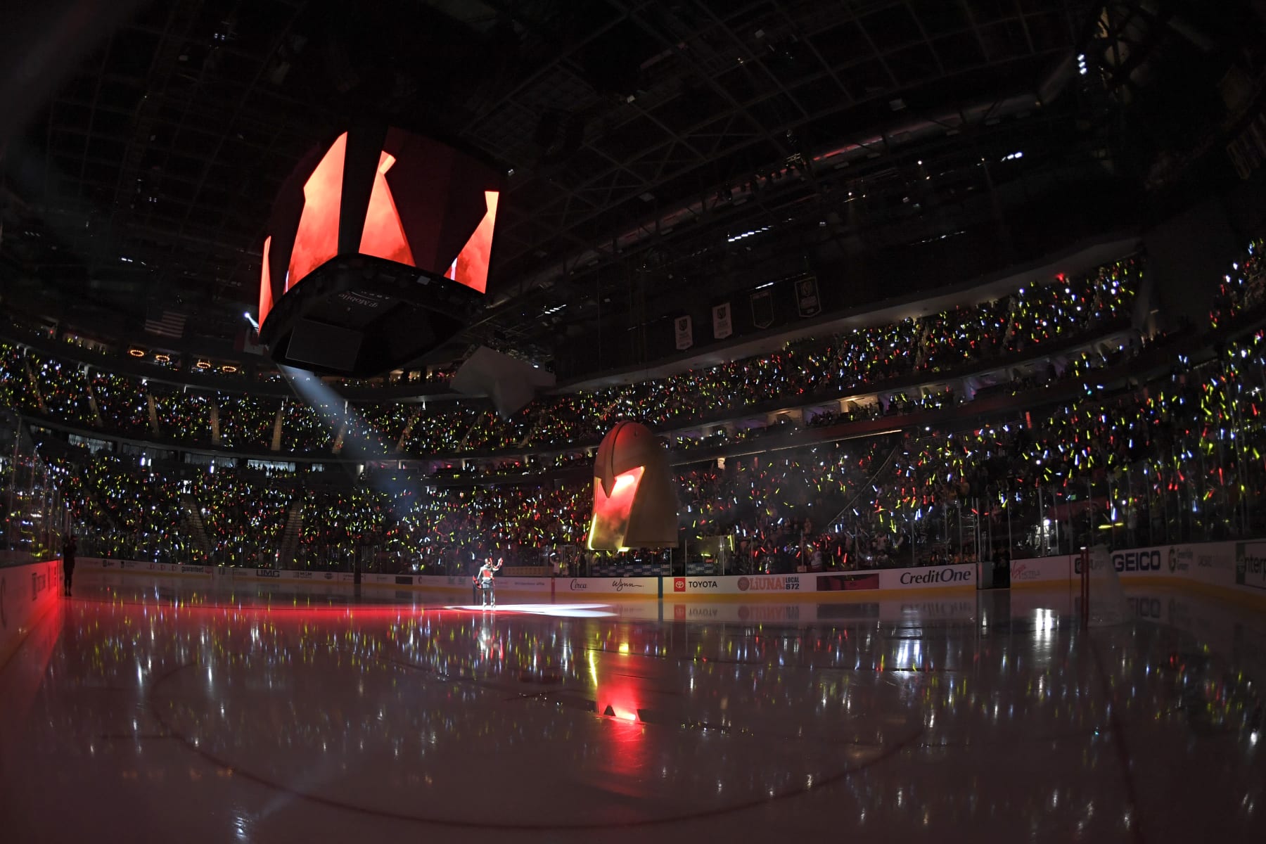 The preshow is seen before the start of an NHL hockey game between the Vegas Golden Knights and the Anaheim Ducks at T-Mobile Arena Friday, Dec. 31, 2021, in Las Vegas. (AP Photo/David Becker)