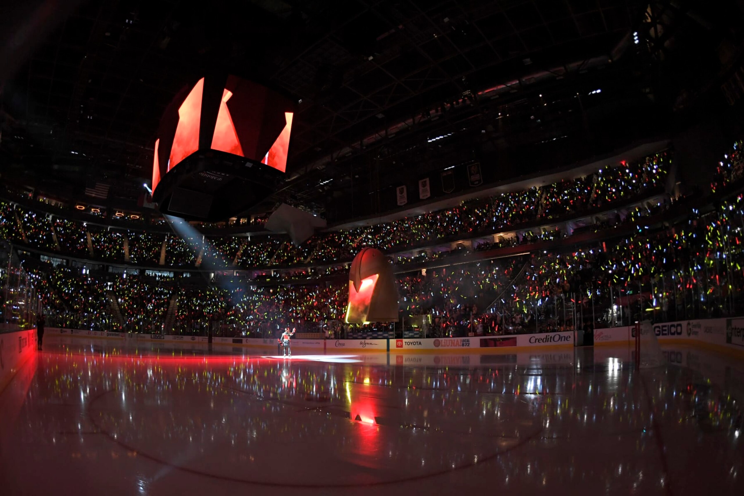 The preshow is seen before the start of an NHL hockey game between the Vegas Golden Knights and the Anaheim Ducks at T-Mobile Arena Friday, Dec. 31, 2021, in Las Vegas. (AP Photo/David Becker)