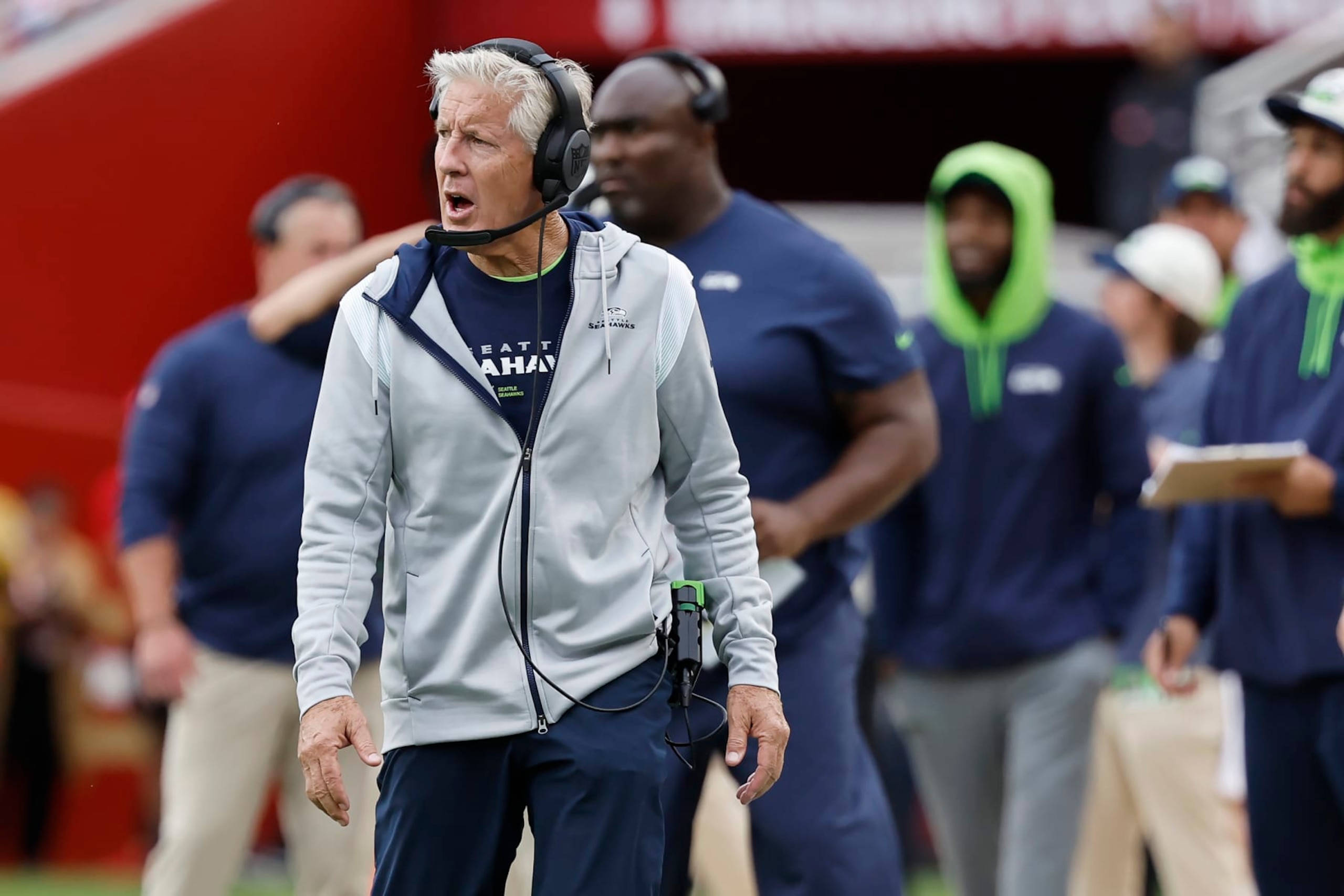Seattle Seahawks head coach Pete Carroll watches from the sideline during the first half of an NFL football game against the San Francisco 49ers in Santa Clara, Calif., Sunday, Sept. 18, 2022. (AP Photo/Josie Lepe)