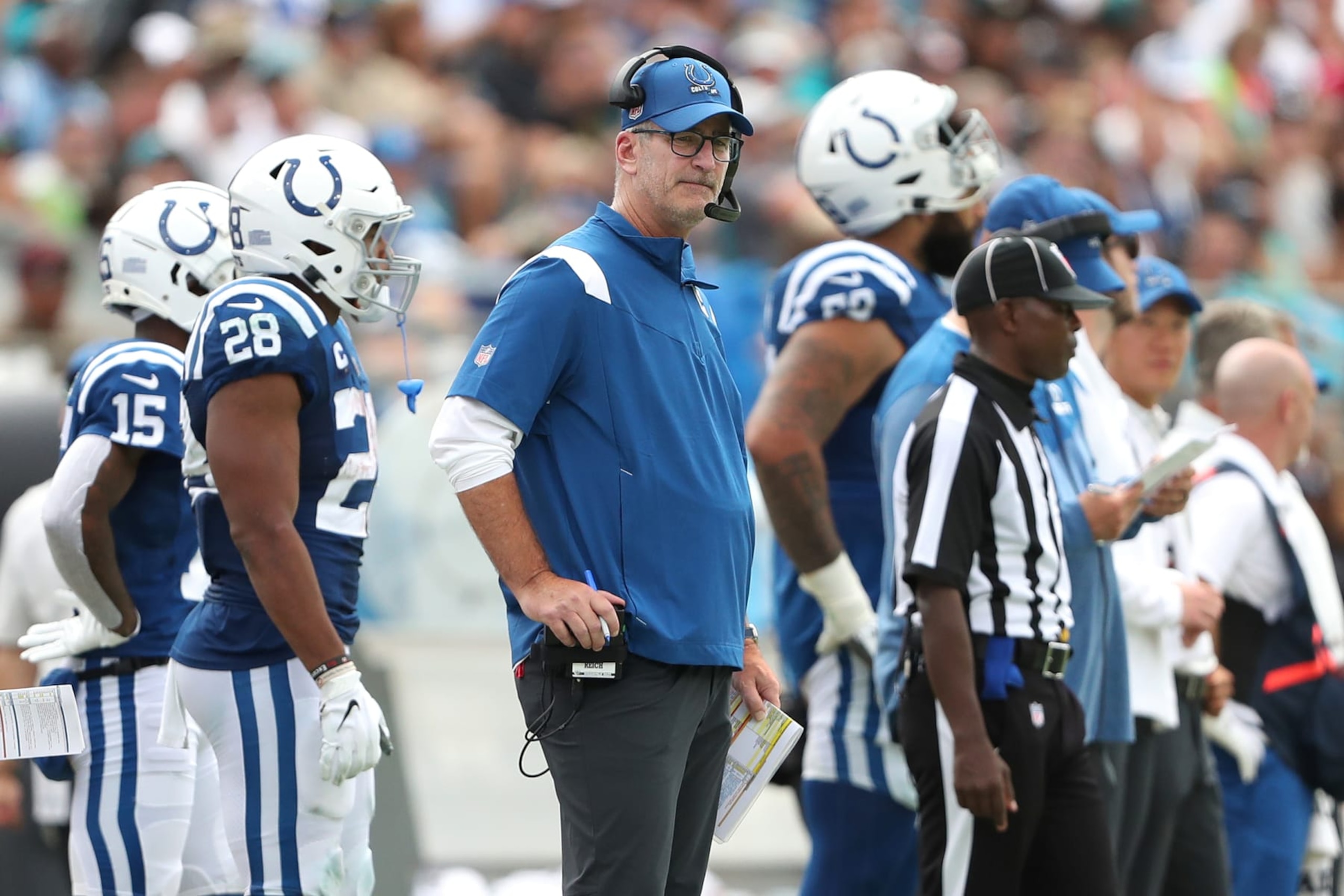 JACKSONVILLE, FLORIDA - SEPTEMBER 18: Head coach Frank Reich of the Indianapolis Colts looks on during the first half against the Jacksonville Jaguars at TIAA Bank Field on September 18, 2022 in Jacksonville, Florida. (Photo by Courtney Culbreath/Getty Images)