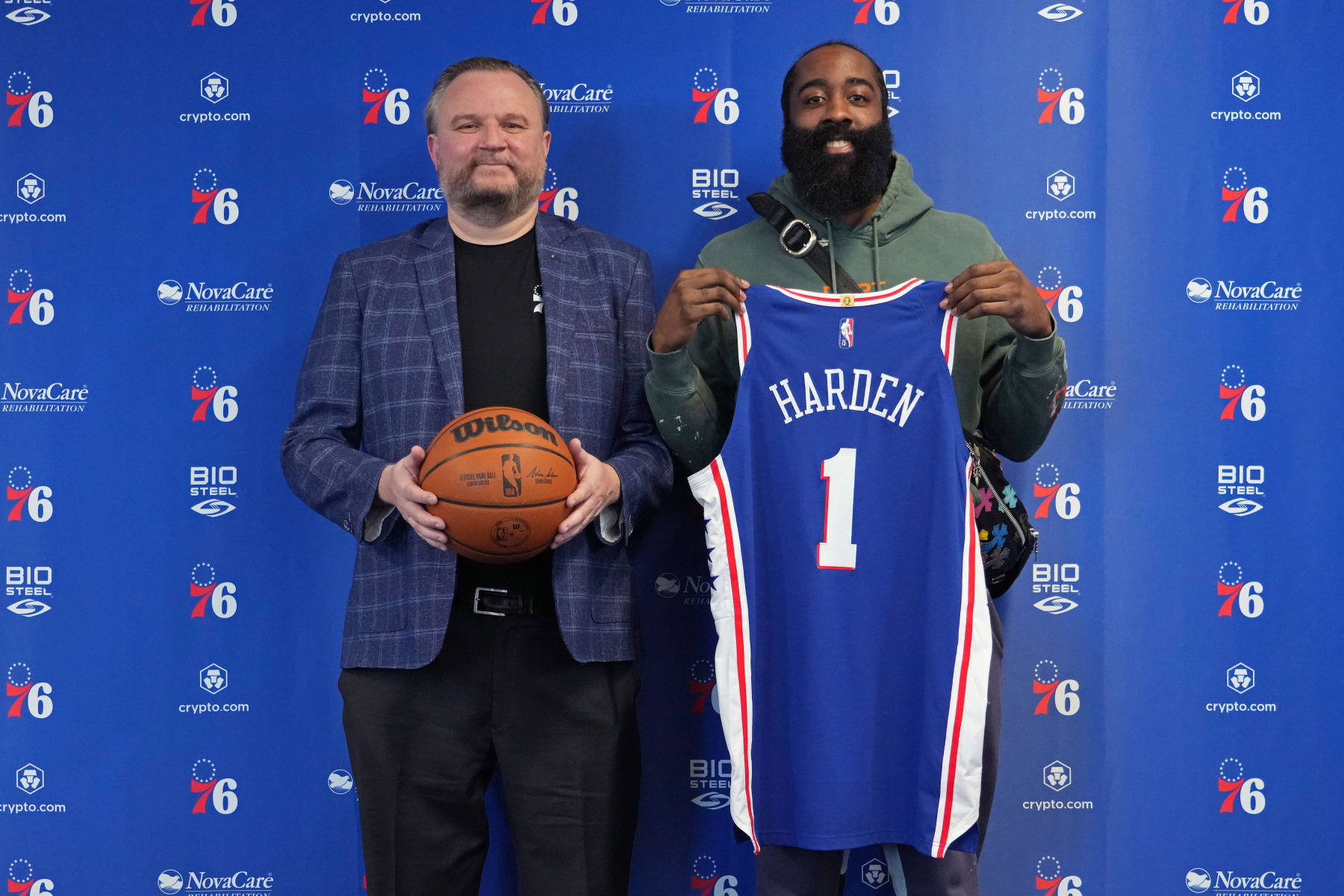 CAMDEN, NJ - FEBRUARY 15: Daryl Morey, President of Basketball Operations poses for a photo with James Harden #1 of the Philadelphia 76ers during a press conference on February 15, 2022 at Philadelphia 76ers Training Complex in Camden, New Jersey. NOTE TO USER: User expressly acknowledges and agrees that, by downloading and/or using this Photograph, user is consenting to the terms and conditions of the Getty Images License Agreement. Mandatory Copyright Notice: Copyright 2022 NBAE (Photo by Jesse D. Garrabrant/NBAE via Getty Images)