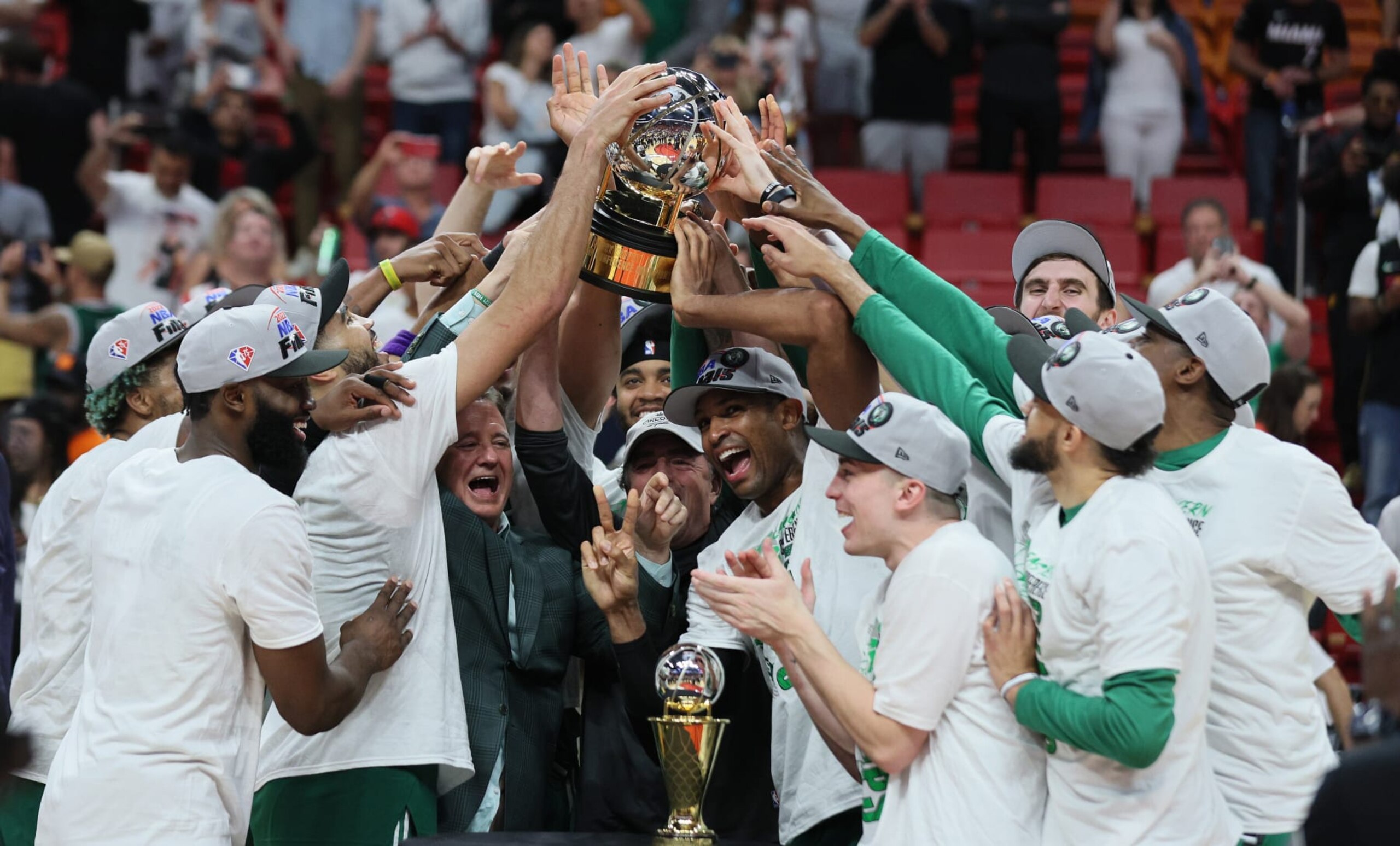 MIAMI, FLORIDA - MAY 29: The Boston Celtics celebrate after the win against the Miami Heat in game seven of the Eastern Conference Final at FTX Arena on May 29, 2022 in Miami, Florida. (Photo by Andy Lyons/Getty Images)