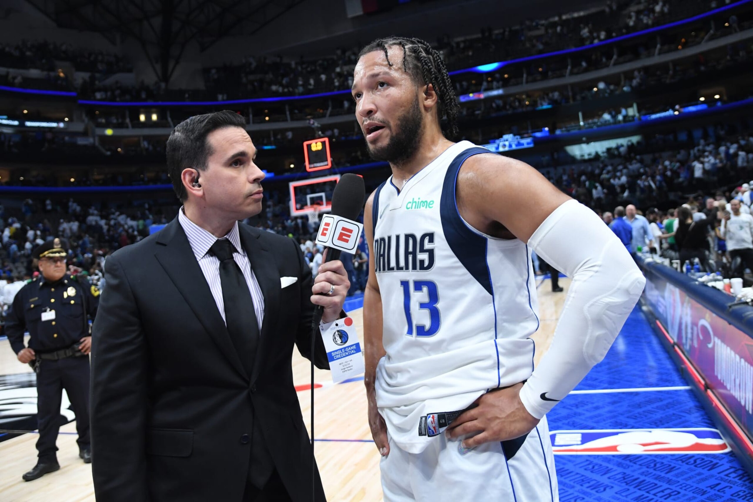 DALLAS, TX - MAY 24: Jalen Brunson #13 of the Dallas Mavericks interviews after Game 4 of the 2022 NBA Playoffs Western Conference Finals  on May 24, 2022 at the American Airlines Center in Dallas, Texas. NOTE TO USER: User expressly acknowledges and agrees that, by downloading and or using this photograph, User is consenting to the terms and conditions of the Getty Images License Agreement. Mandatory Copyright Notice: Copyright 2022 NBAE (Photo by Noah Graham/NBAE via Getty Images)
