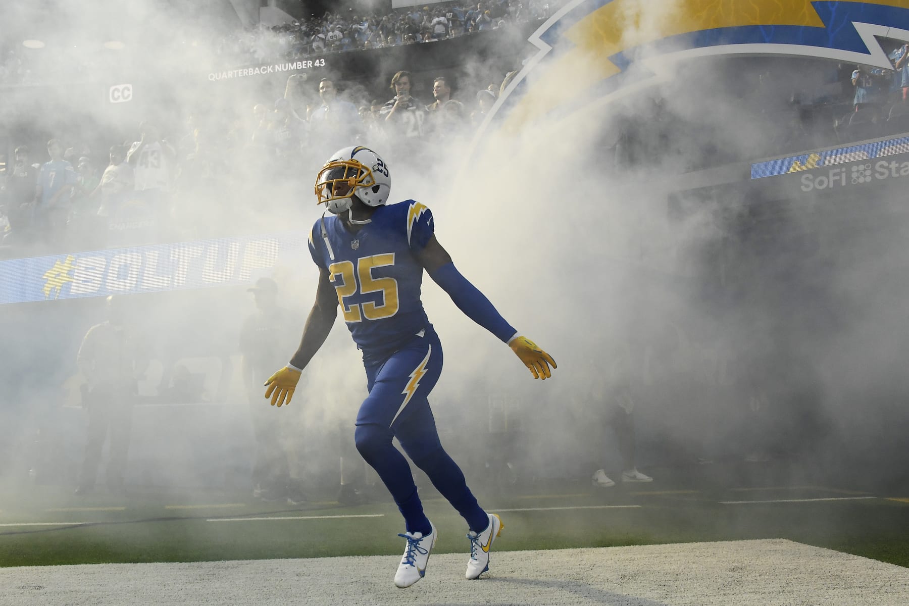 INGLEWOOD, CALIFORNIA - DECEMBER 12: Chris Harris #25 of the Los Angeles Chargers runs onto the field during player introductions before the game against the New York Giants at SoFi Stadium on December 12, 2021 in Inglewood, California. (Photo by Kevork Djansezian/Getty Images)