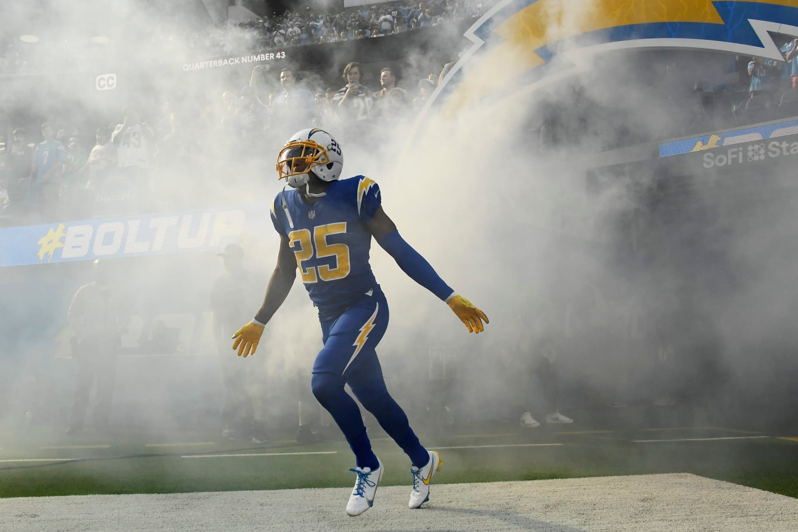 INGLEWOOD, CALIFORNIA - DECEMBER 12: Chris Harris #25 of the Los Angeles Chargers runs onto the field during player introductions before the game against the New York Giants at SoFi Stadium on December 12, 2021 in Inglewood, California. (Photo by Kevork Djansezian/Getty Images)