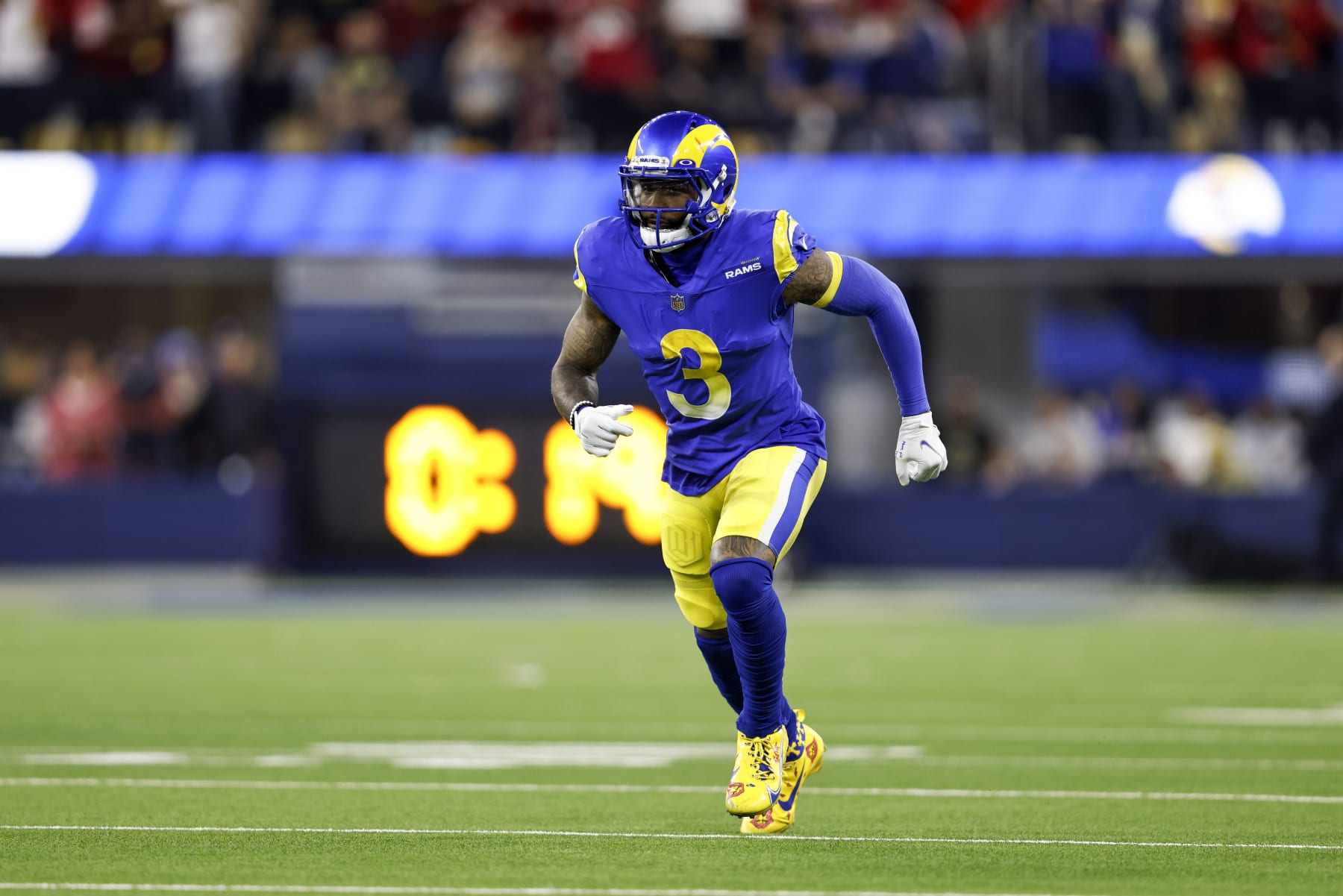INGLEWOOD, CALIFORNIA - JANUARY 30: Odell Beckham Jr. #3 of the Los Angeles Rams runs during the NFC Championship NFL football game against the San Francisco 49ers at SoFi Stadium on January 30, 2022 in Inglewood, California. The Rams won 20-17 to advance to the Super Bowl. (Photo by Michael Owens/Getty Images)