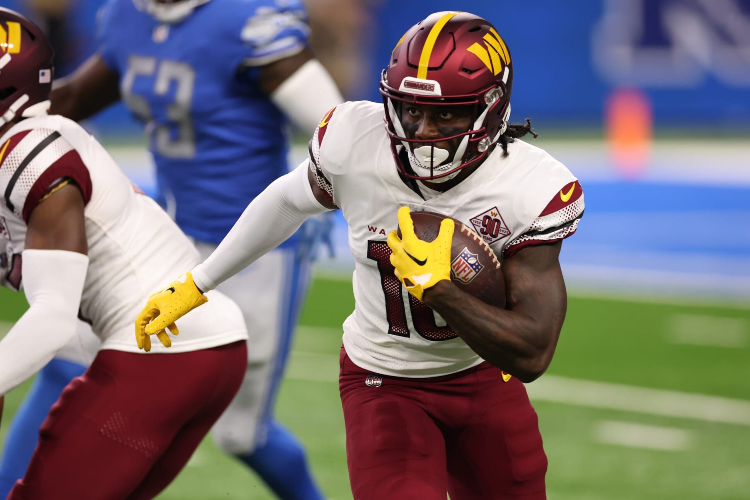 DETROIT, MICHIGAN - SEPTEMBER 18: Curtis Samuel #10 of the Washington Commanders runs with the ball against the Detroit Lions during the first quarter at Ford Field on September 18, 2022 in Detroit, Michigan. (Photo by Gregory Shamus/Getty Images)
