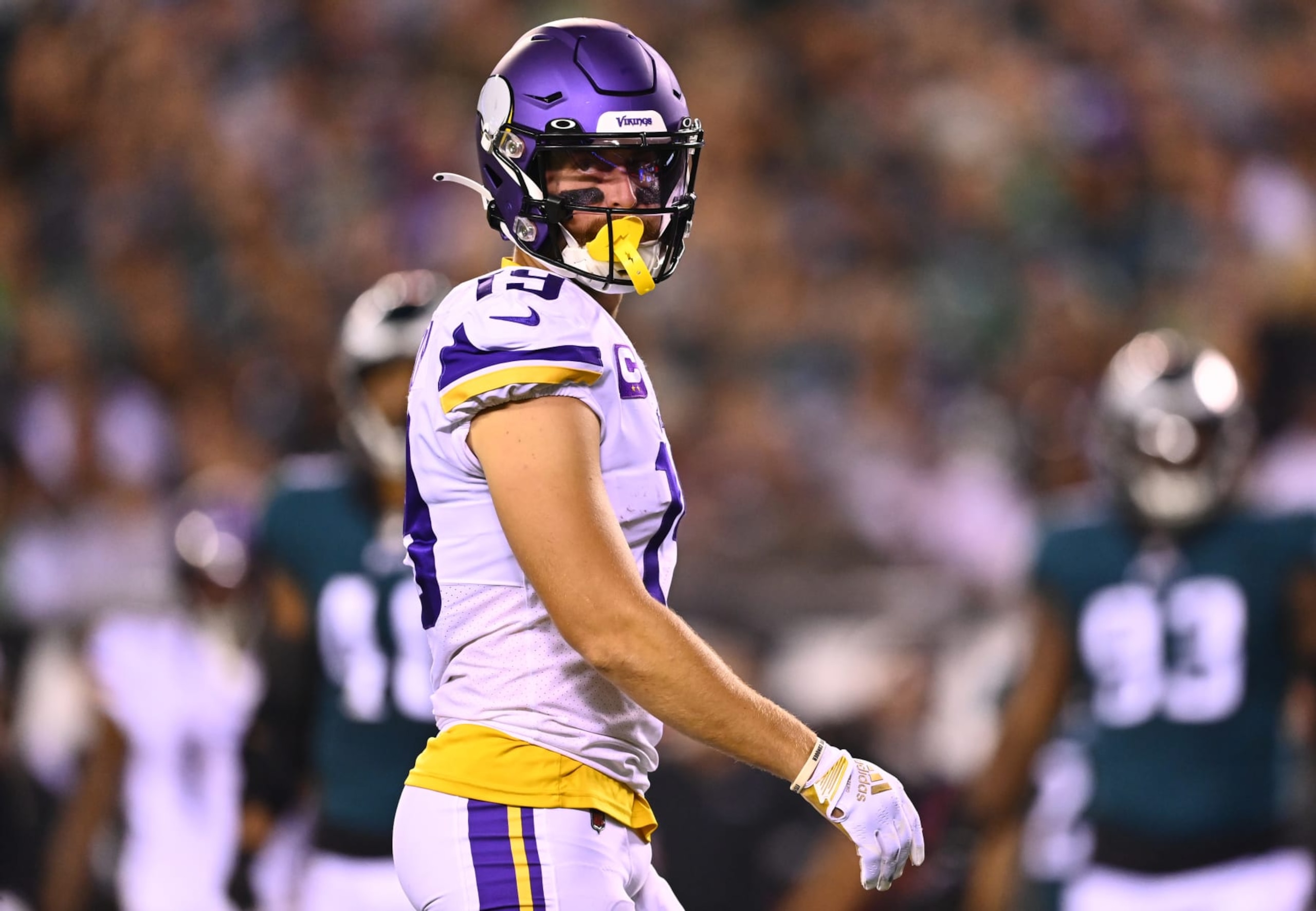 PHILADELPHIA, PA - SEPTEMBER 19: Minnesota Vikings Wide Receiver Adam Thielen (19) looks on in the third quarter during the game between the Minnesota Vikings and Philadelphia Eagles on September 19, 2022 at Lincoln Financial Field in Philadelphia, PA. (Photo by Kyle Ross/Icon Sportswire via Getty Images)