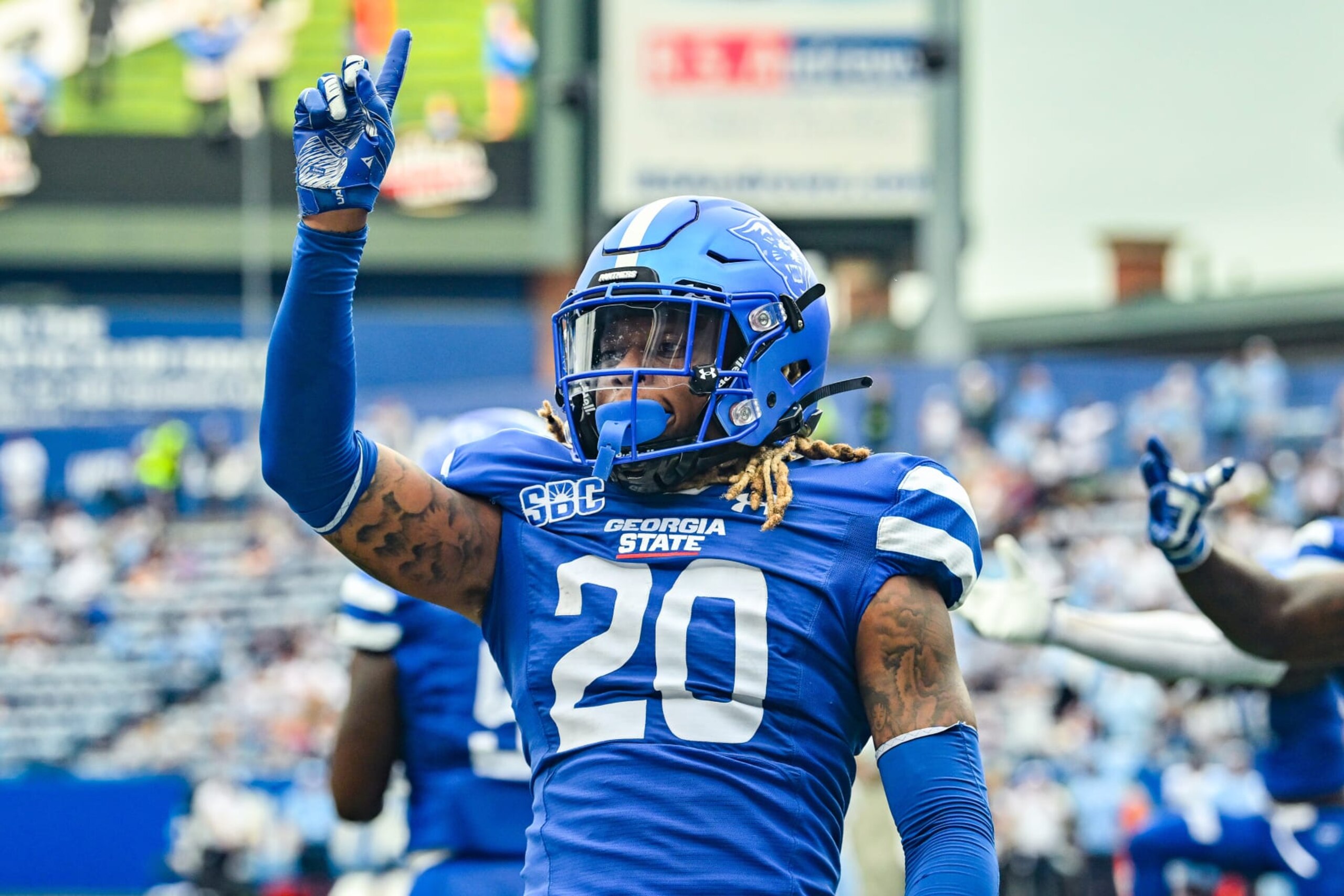 ATLANTA, GA  SEPTEMBER 10:  Georgia State cornerback Quavian White (20) reacts after breaking up a pass during the NCAA football game between the North Carolina Tar Heels and the Georgia State Panthers on September 10th, 2022 at Center Parc Stadium in Atlanta, GA.  (Photo by Rich von Biberstein/Icon Sportswire via Getty Images)