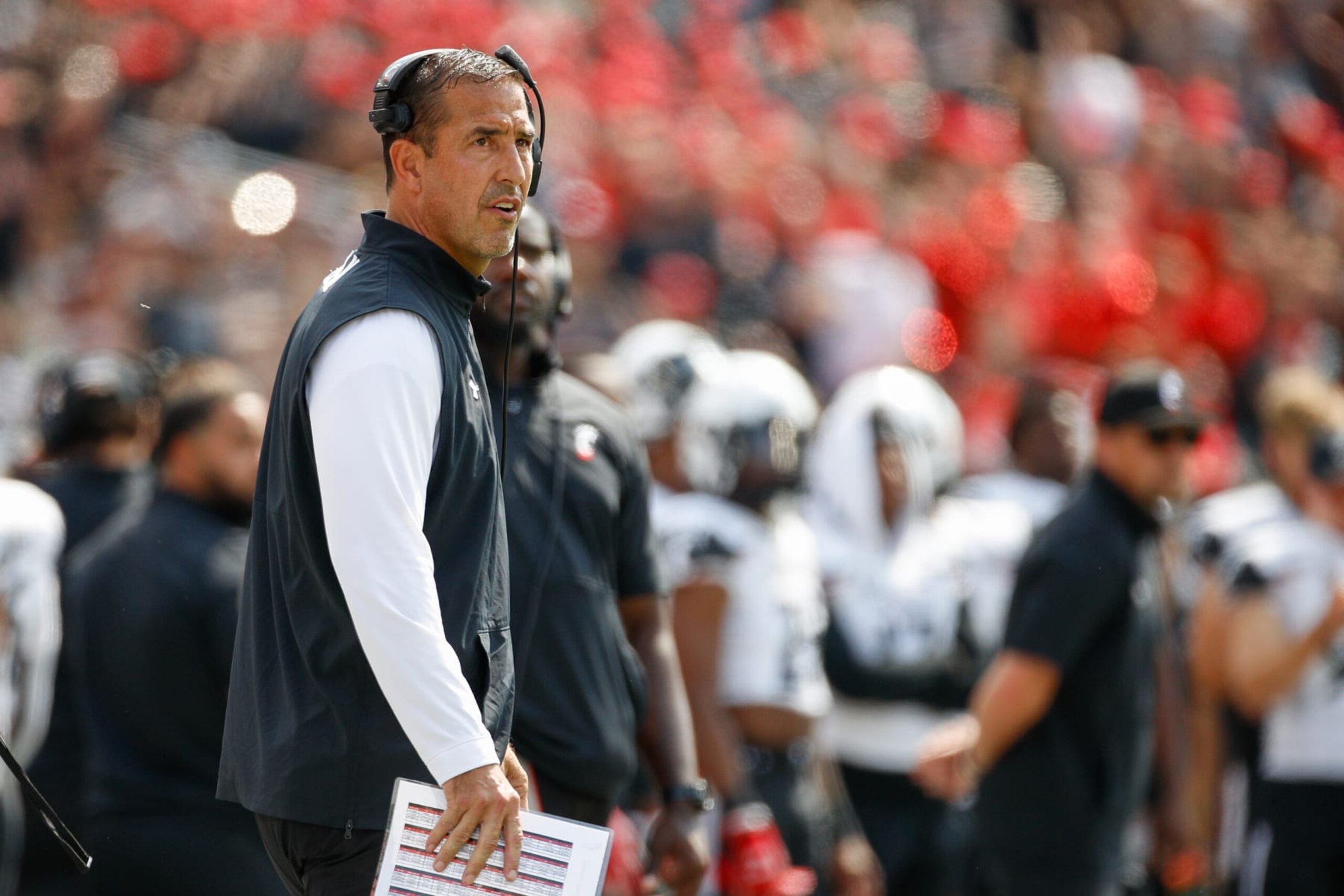 CINCINNATI, OH - SEPTEMBER 17: Cincinnati Bearcats head coach Luke Fickell looks at the scoreboard during the game against the Miami Redhawks and the Cincinnati Bearcats on September 17, 2022, at Paycor Stadium in Cincinnati, OH.  (Photo by Ian Johnson/Icon Sportswire via Getty Images
