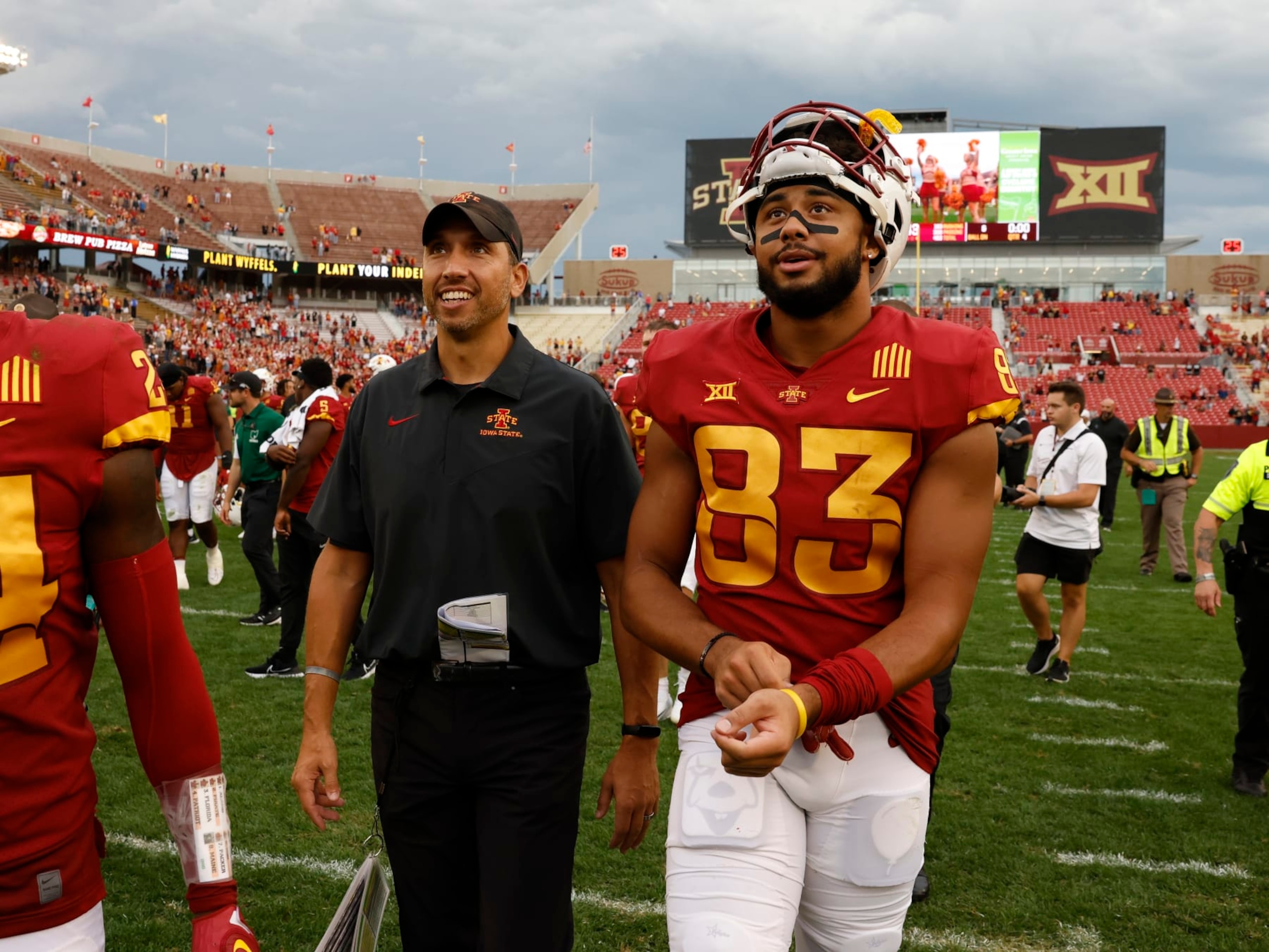 AMES, IA - SEPTEMBER 17:  Head coach Matt Campbell and tight end DeShawn Hanika #83 of the Iowa State Cyclones leave the field after the Iowa State Cyclones 43-10 win over the Ohio Bobcats at Jack Trice Stadium on September 17, 2022 in Ames, Iowa. The Iowa State Cyclones won 43-10 over the Ohio Bobcats. (Photo by David Purdy/Getty Images)