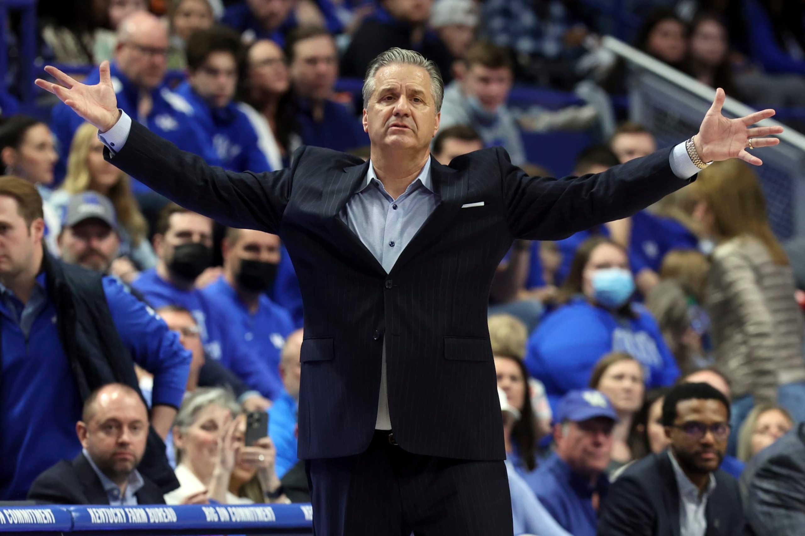 Kentucky coach John Calipari reacts to a call during the second half of the team's NCAA college basketball game against Mississippi in Lexington, Ky., Tuesday, March 1, 2022. (AP Photo/James Crisp)