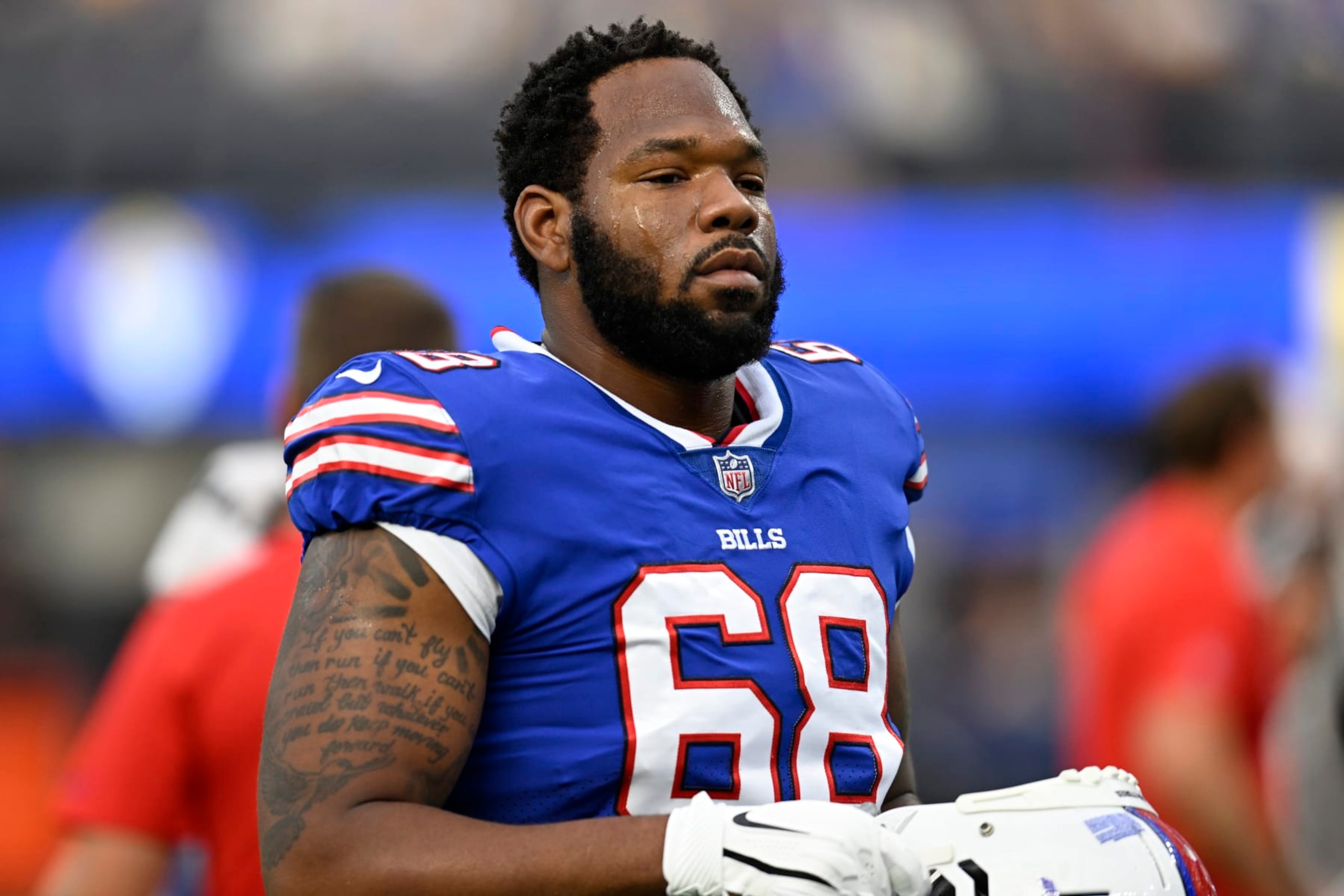Buffalo Bills offensive tackle Bobby Hart with his helmet off while playing the Los Angeles Rams during an NFL football game Thursday, Sept. 8, 2021, in Inglewood, Calif. (AP Photo/John McCoy) Buffalo Bills offensive tackle Bobby Hart with his helmet off while playing the Los Angeles Rams during an NFL football game Thursday, Sept. 8, 2021, in Inglewood, Calif. (AP Photo/John McCoy)