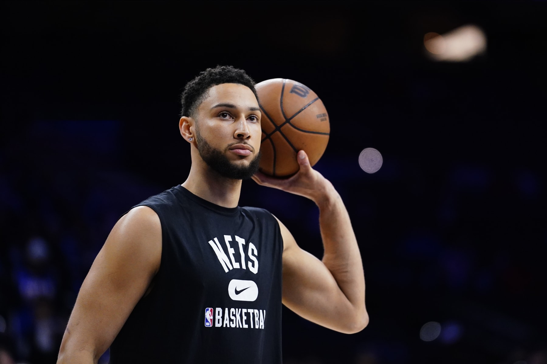 Brooklyn Nets' Ben Simmons watches practice before an NBA basketball game, Thursday, March 10, 2022, in Philadelphia. (AP Photo/Matt Slocum)