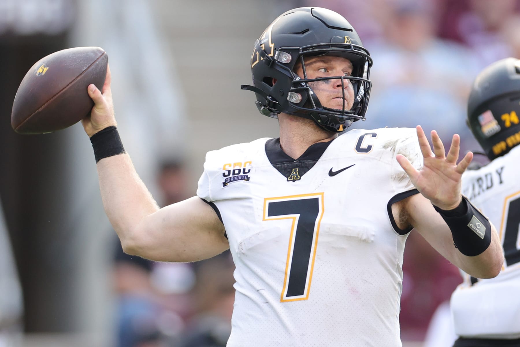 COLLEGE STATION, TEXAS - SEPTEMBER 10: Chase Brice #7 of the Appalachian State Mountaineers throws during the second half against the Texas A&M Aggies at Kyle Field on September 10, 2022 in College Station, Texas. (Photo by Carmen Mandato/Getty Images)