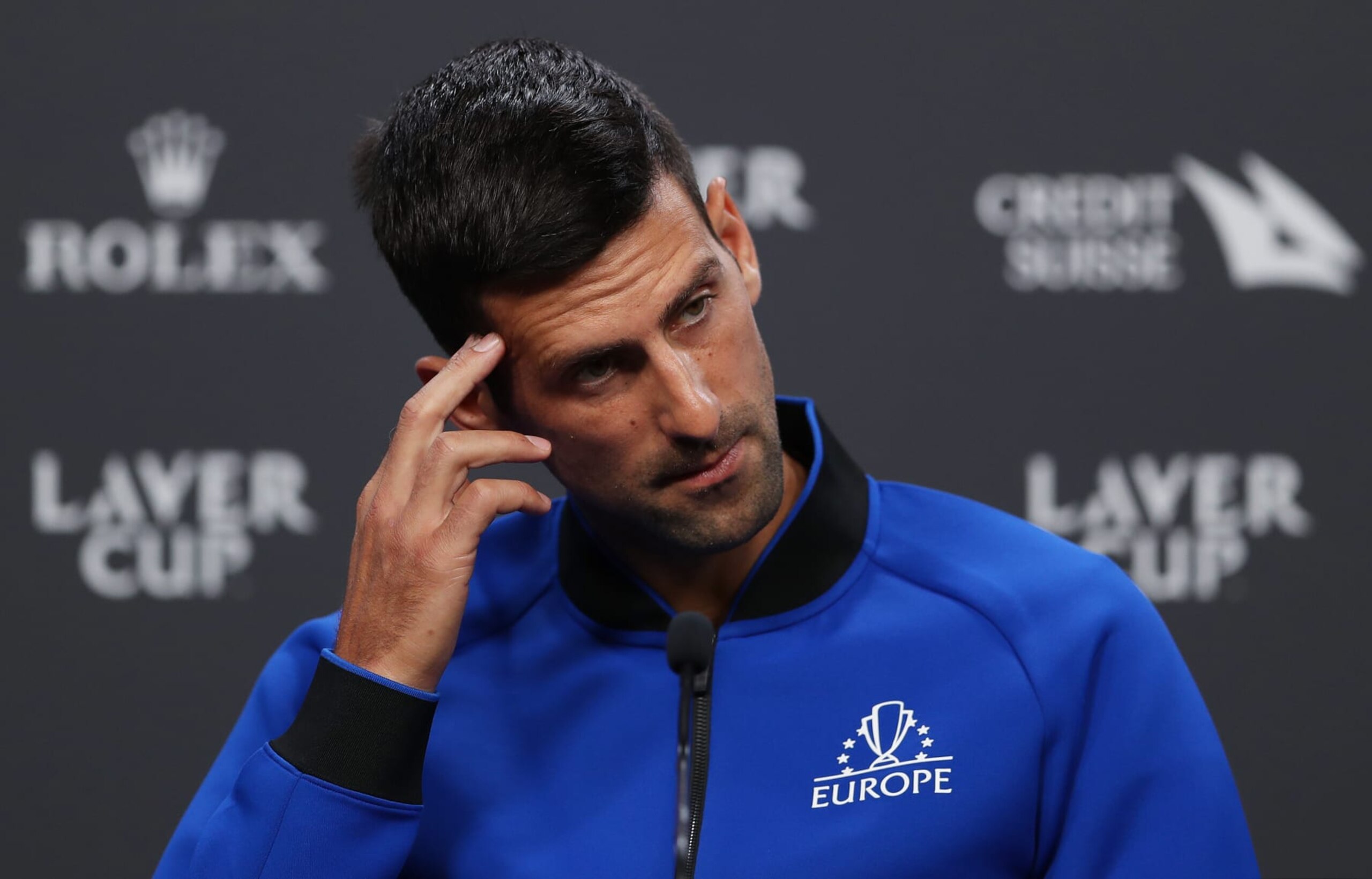 LONDON, ENGLAND - SEPTEMBER 22: Novak Djokovic of Team Europe reacts during a Team Europe press conference ahead of the Laver Cup at The O2 Arena on September 22, 2022 in London, England. (Photo by Lewis Storey/Getty Images for Laver Cup)