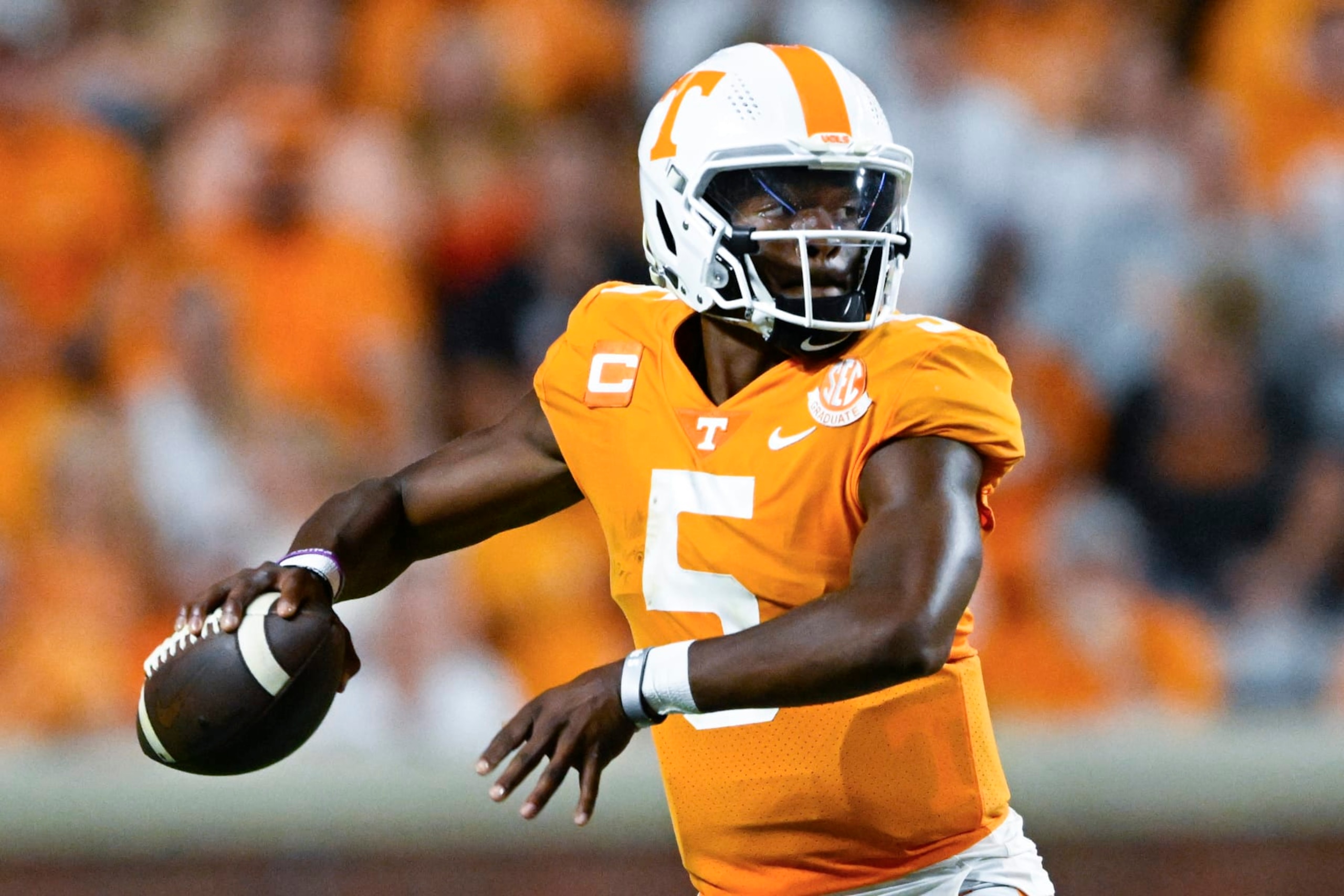Tennessee quarterback Hendon Hooker passes against Ball State during an NCAA football game on Thursday, Sept. 1, 2022, in Knoxville, Tenn. (AP Photo/John Amis)