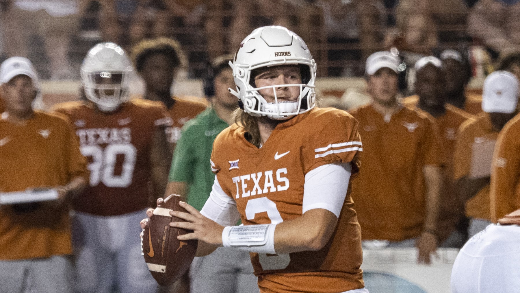 Texas quarterback Quinn Ewers plays during an NCAA college football game against Louisiana-Monroe, Saturday, Sept. 3, 2022, in Austin, Texas. (AP Photo/Michael Thomas)