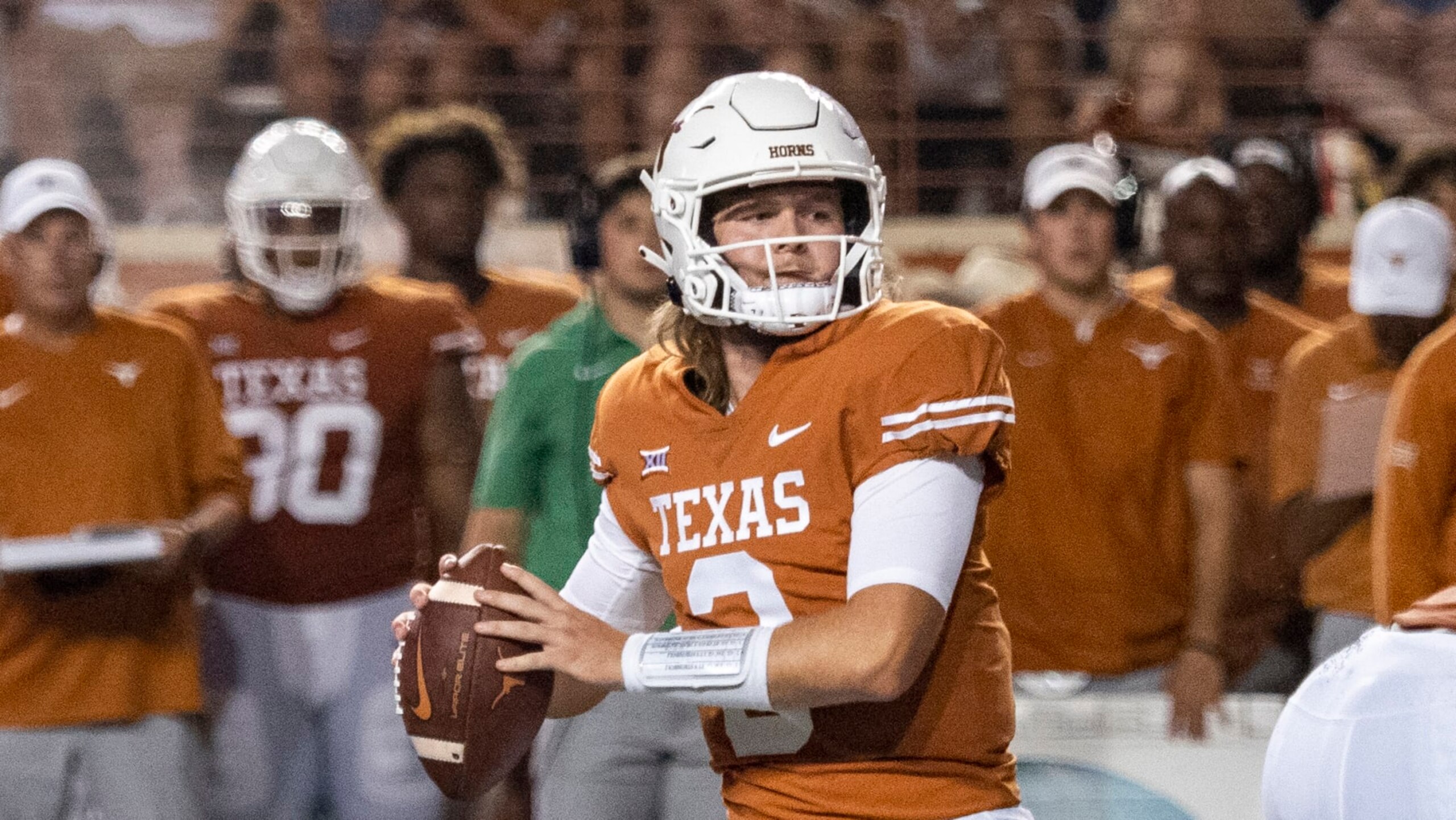 Texas quarterback Quinn Ewers plays during an NCAA college football game against Louisiana-Monroe, Saturday, Sept. 3, 2022, in Austin, Texas. (AP Photo/Michael Thomas)