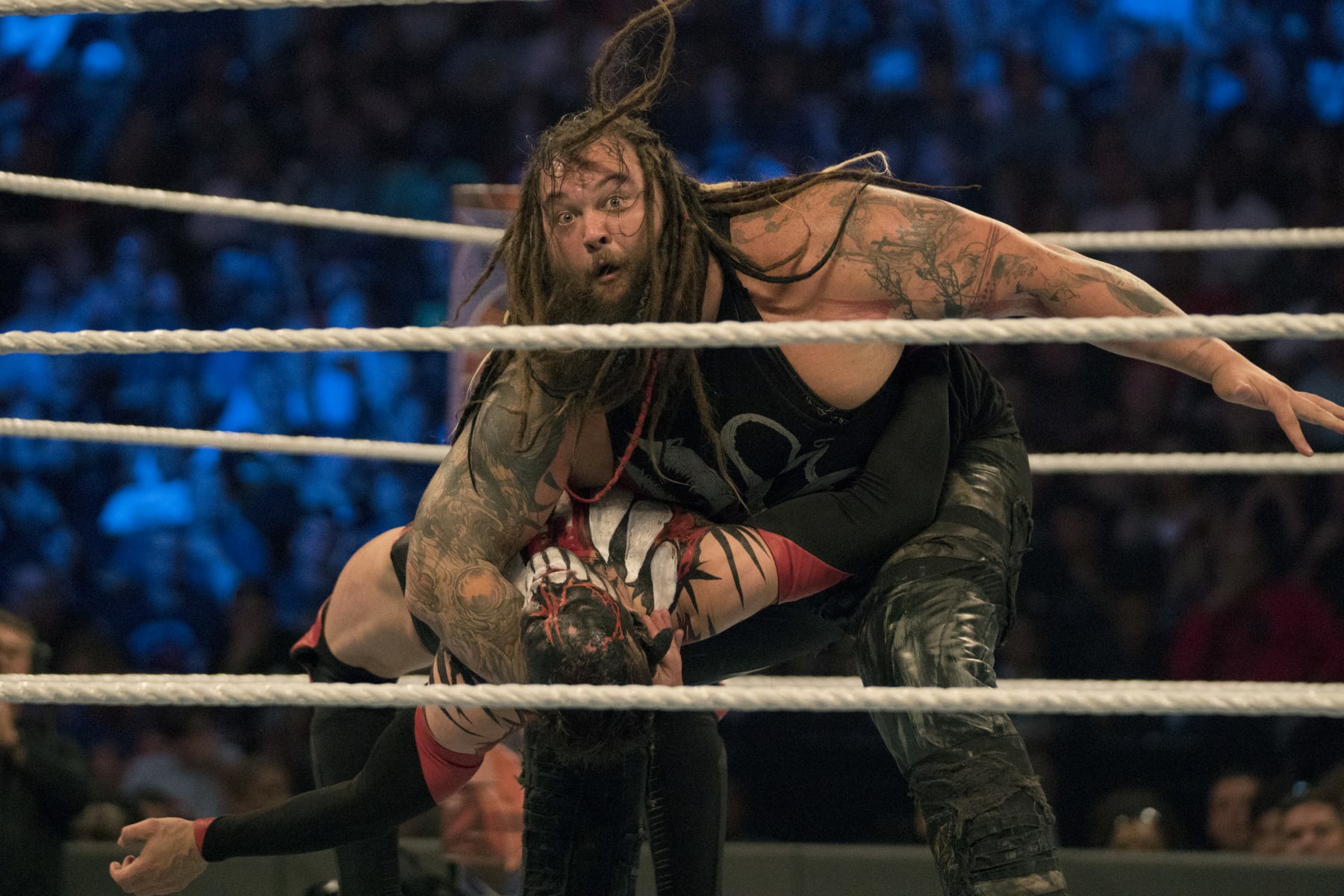 Professional Wrestling: WWE SummerSlam: Bray Wyatt (top) in action vs Finn Balor during match at Barclays Center. 
Brooklyn, NY 8/20/2017
CREDIT: Chad Matthew Carlson (Photo by Chad Matthew Carlson /Sports Illustrated via Getty Images)
(Set Number: X161332 TK1 )