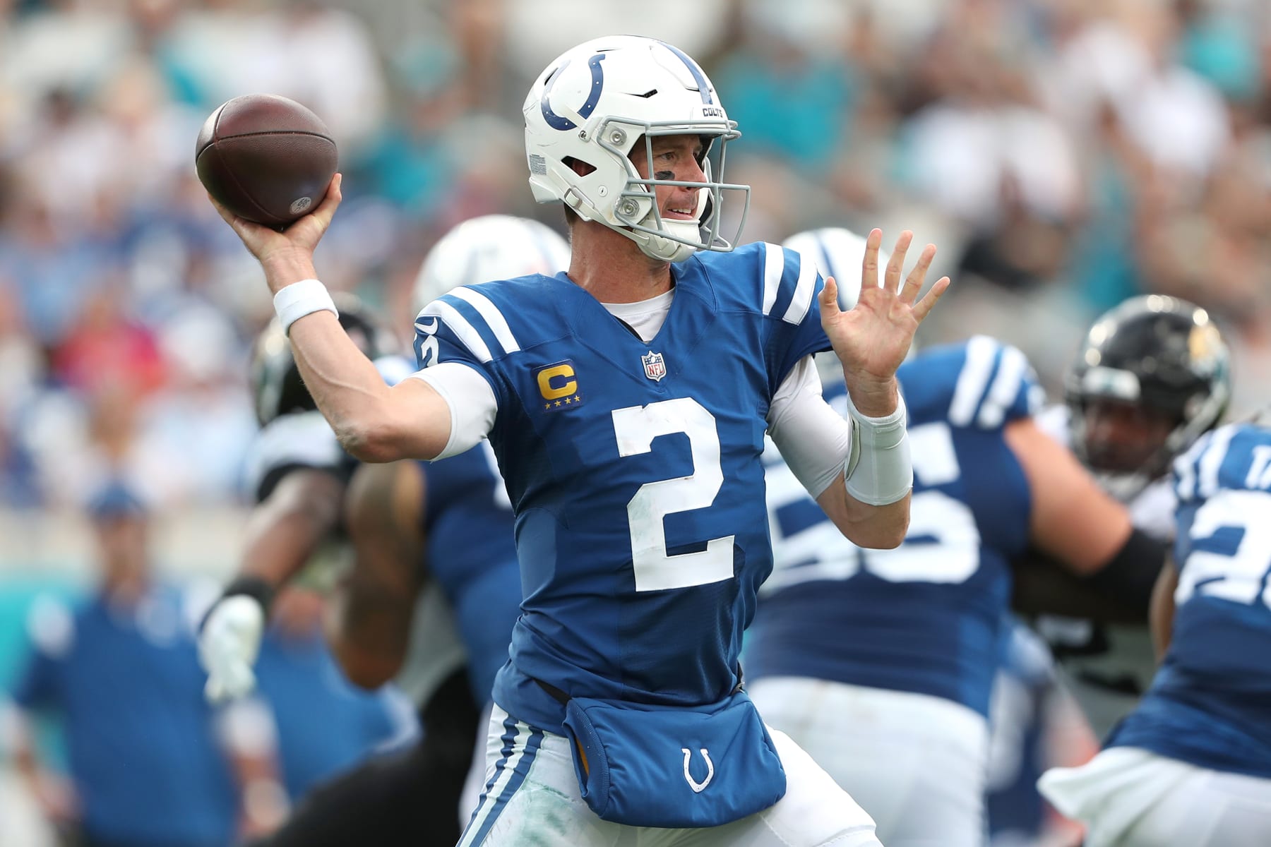 JACKSONVILLE, FLORIDA - SEPTEMBER 18: Matt Ryan #2 of the Indianapolis Colts passes the ball during the second half against the Jacksonville Jaguars at TIAA Bank Field on September 18, 2022 in Jacksonville, Florida. (Photo by Courtney Culbreath/Getty Images)
