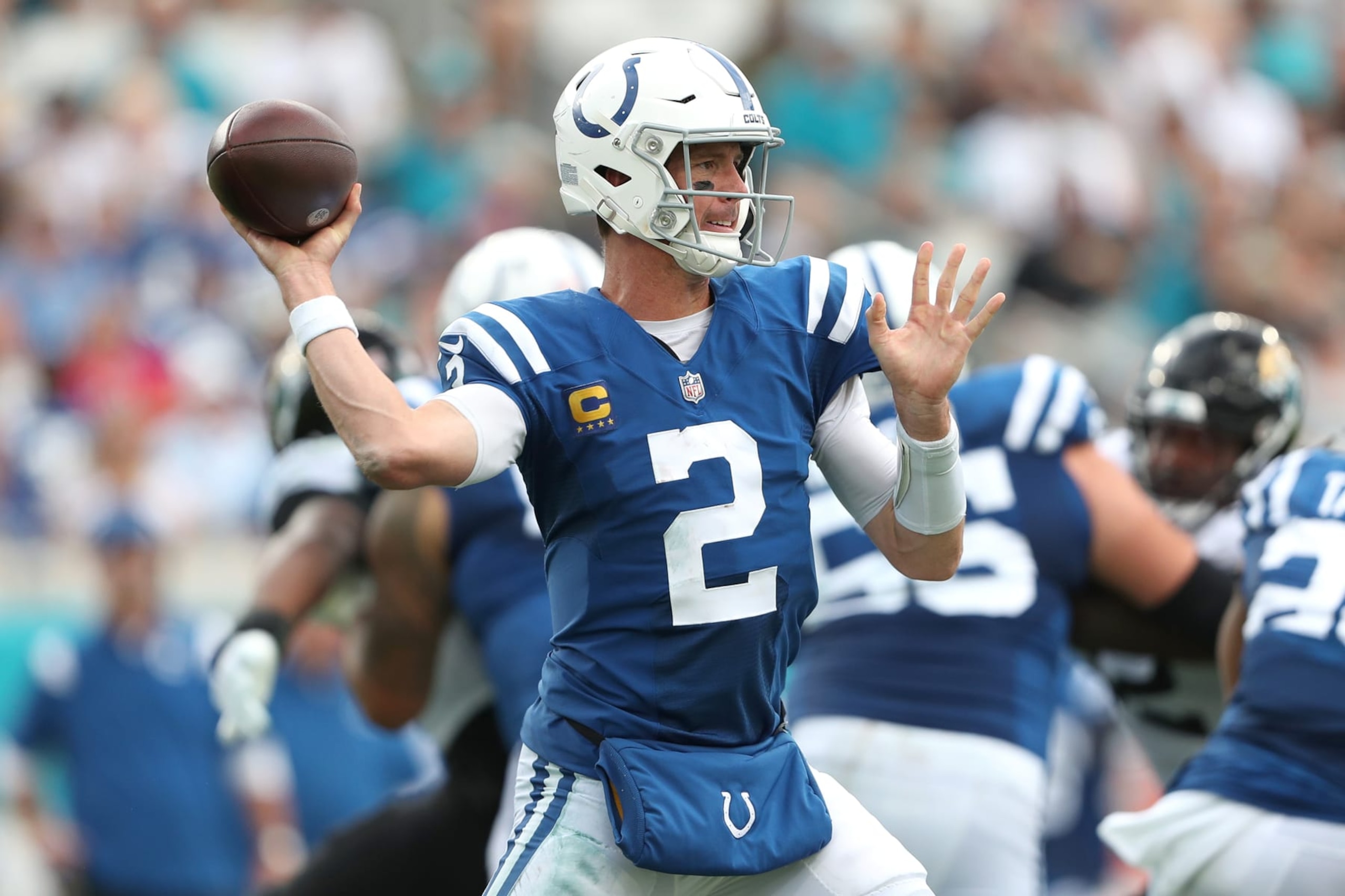 JACKSONVILLE, FLORIDA - SEPTEMBER 18: Matt Ryan #2 of the Indianapolis Colts passes the ball during the second half against the Jacksonville Jaguars at TIAA Bank Field on September 18, 2022 in Jacksonville, Florida. (Photo by Courtney Culbreath/Getty Images)