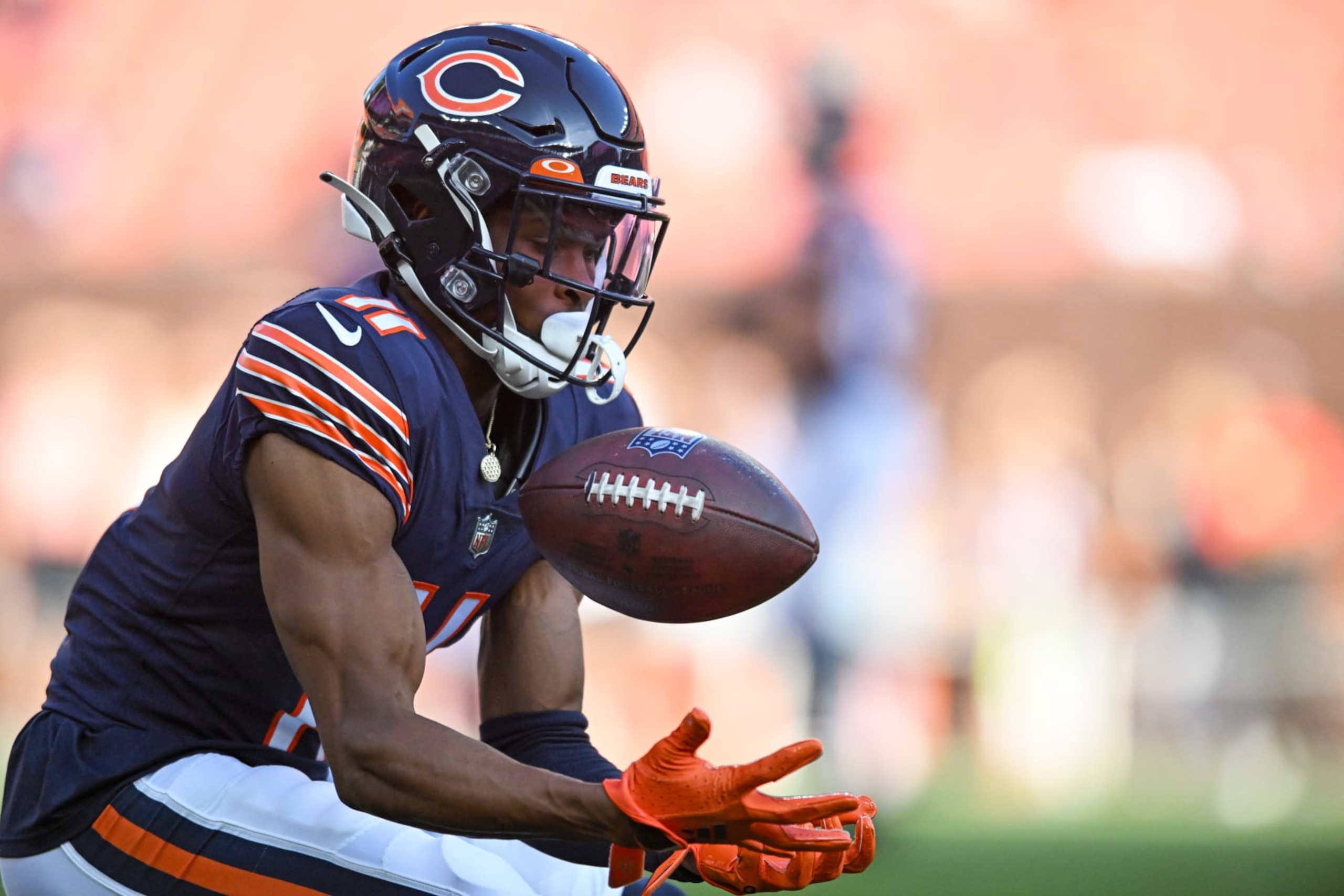 CLEVELAND, OH - AUGUST 27: Darnell Mooney #11 of the Chicago Bears warms up prior to a preseason game against the Cleveland Browns at FirstEnergy Stadium on August 27, 2022 in Cleveland, Ohio. (Photo by Nick Cammett/Diamond Images via Getty Images)