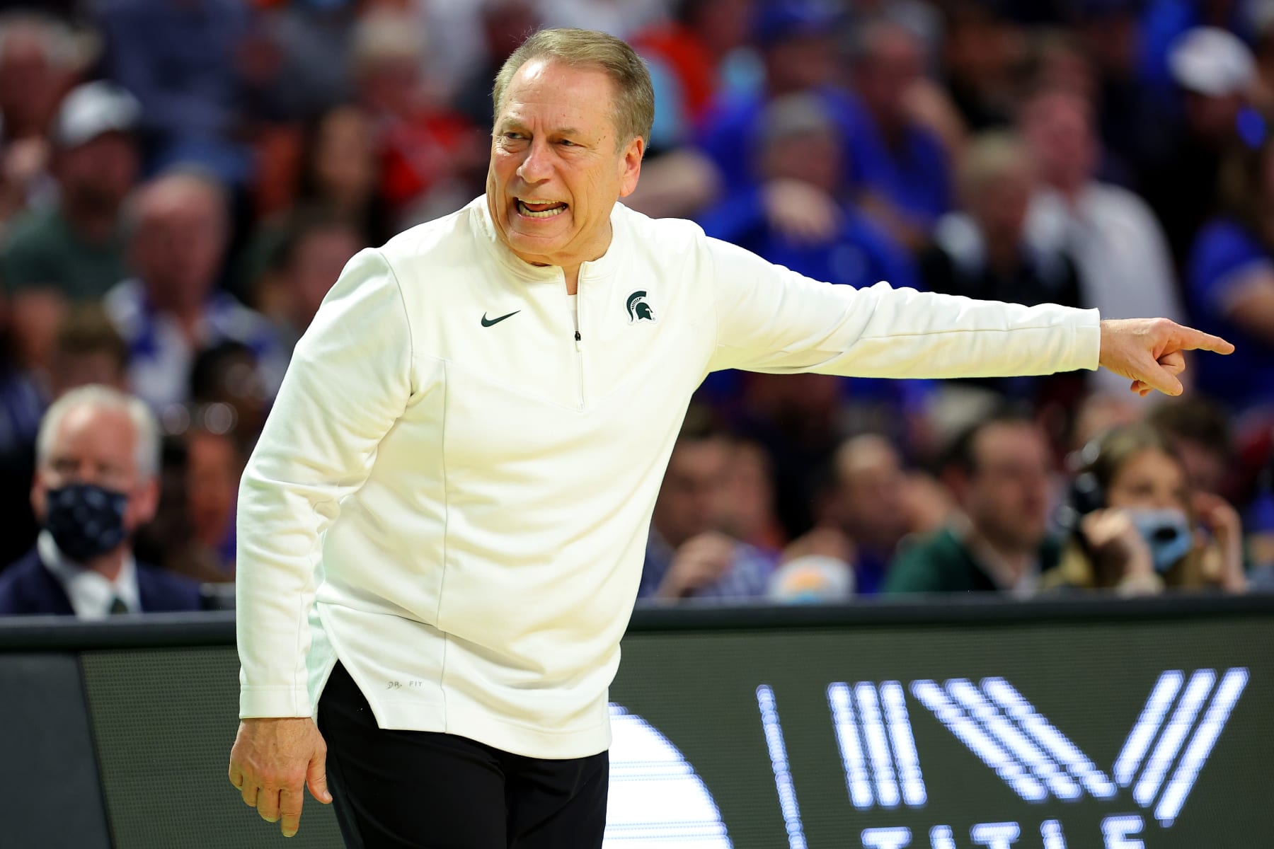 GREENVILLE, SOUTH CAROLINA - MARCH 20: Head coach Tom Izzo of the Michigan State Spartans reacts in the first half against the Duke Blue Devils during the second round of the 2022 NCAA Men's Basketball Tournament at Bon Secours Wellness Arena on March 20, 2022 in Greenville, South Carolina. (Photo by Kevin C. Cox/Getty Images)