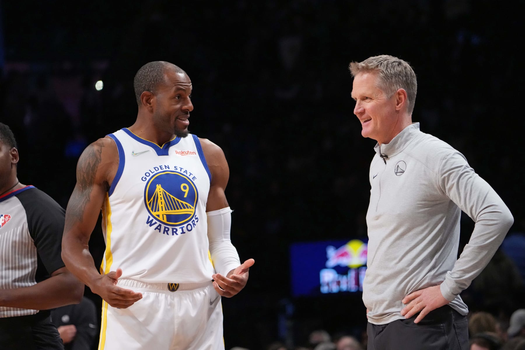BROOKLYN, NY - NOVEMBER 16: Andre Iguodala #9 of the Golden State Warriors and Head Coach Steve Kerr of the Golden State Warriors talk during a game against the Brooklyn Nets on November 16, 2021 at Barclays Center in Brooklyn, New York. NOTE TO USER: User expressly acknowledges and agrees that, by downloading and/or using this Photograph, user is consenting to the terms and conditions of the Getty Images License Agreement. Mandatory Copyright Notice: Copyright 2021 NBAE (Photo by Jesse D. Garrabrant/NBAE via Getty Images)
