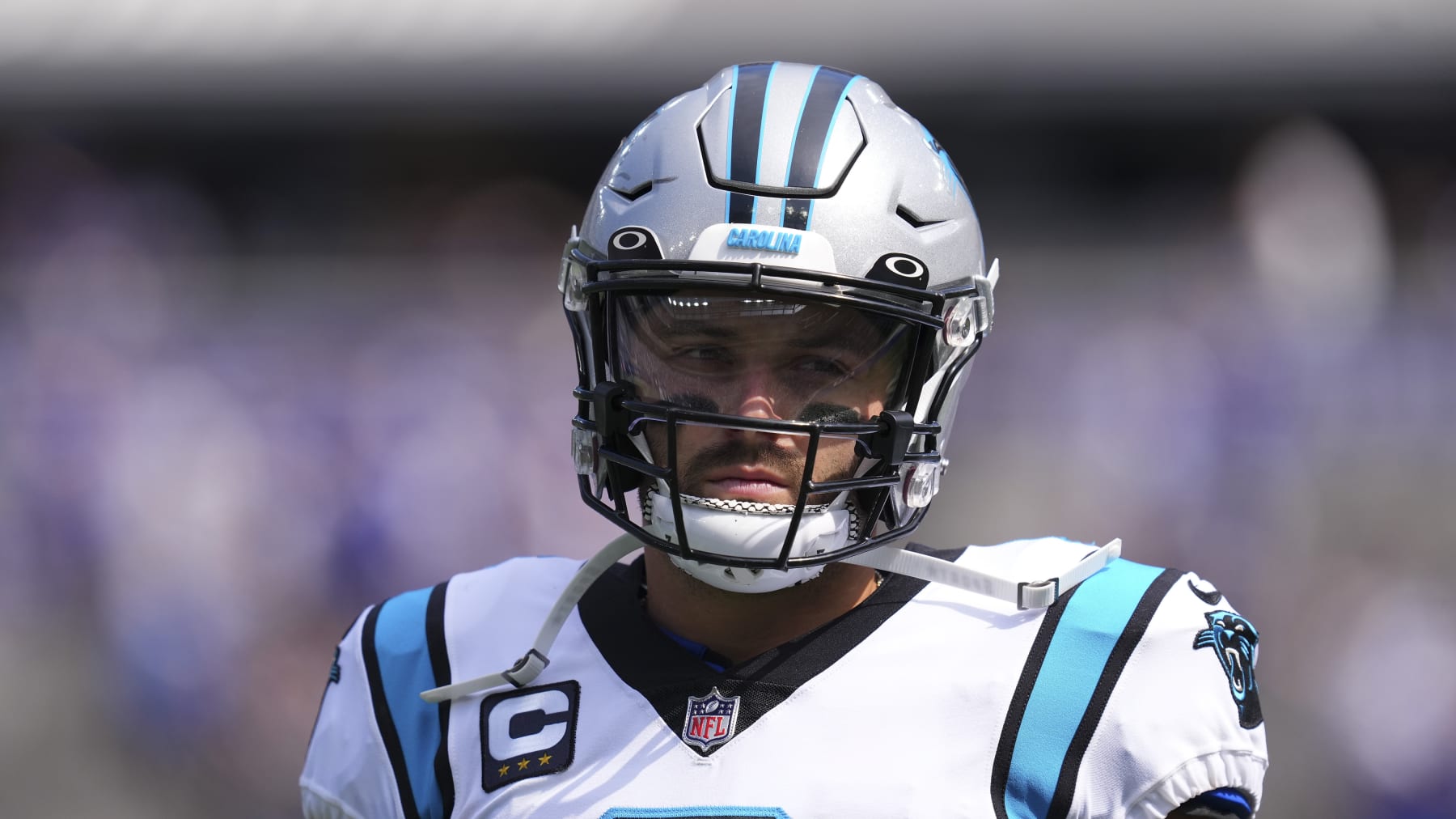 EAST RUTHERFORD, NJ - SEPTEMBER 18: Baker Mayfield #6 of the Carolina Panthers looks on prior to the game against the New York Giants at MetLife Stadium on September 18, 2022 in East Rutherford, New Jersey. (Photo by Mitchell Leff/Getty Images)