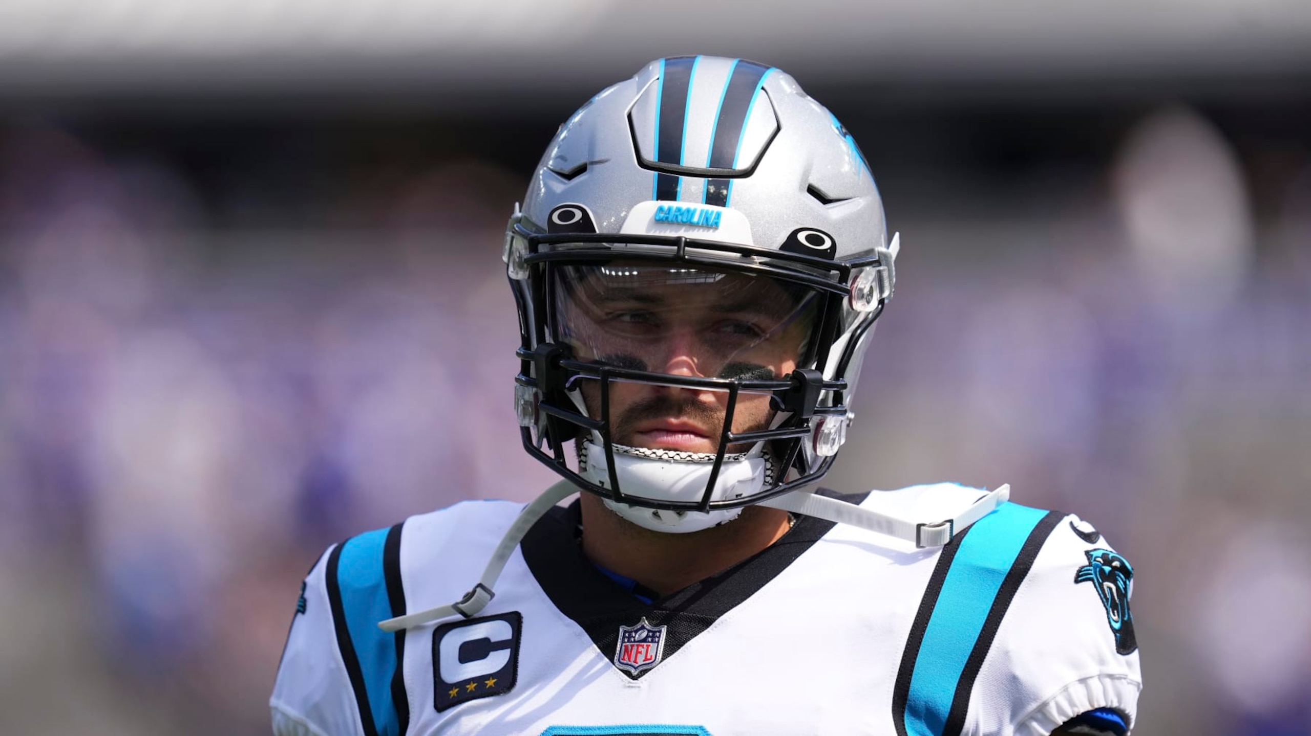 EAST RUTHERFORD, NJ - SEPTEMBER 18: Baker Mayfield #6 of the Carolina Panthers looks on prior to the game against the New York Giants at MetLife Stadium on September 18, 2022 in East Rutherford, New Jersey. (Photo by Mitchell Leff/Getty Images)