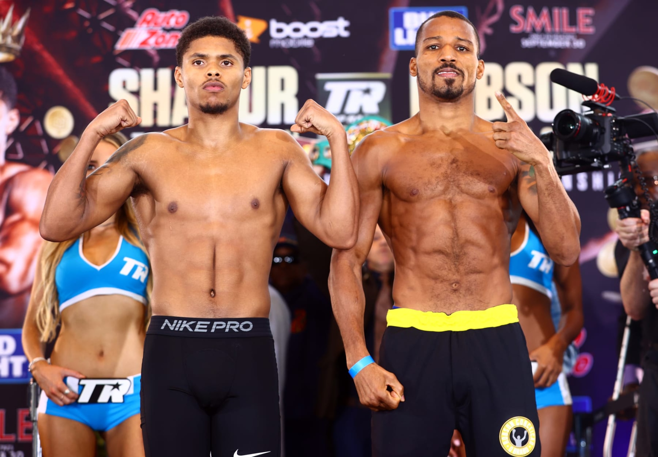 NEWARK, NEW JERSEY - SEPTEMBER 22: Shakur Stevenson (L) and Robson Conceição (R) pose during the weigh in ahead of their WBC and WBO junior lightweight championship fight at Prudential Center on September 22, 2022 in Newark, New Jersey. (Photo by Mikey Williams/Top Rank Inc via Getty Images)