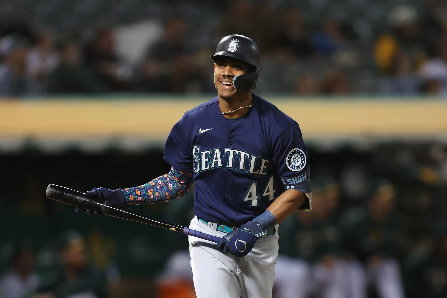 OAKLAND, CALIFORNIA - SEPTEMBER 20: Julio Rodriguez #44 of the Seattle Mariners looks to the dugout whiat bat against the Oakland Athletics at RingCentral Coliseum on September 20, 2022 in Oakland, California. (Photo by Lachlan Cunningham/Getty Images)