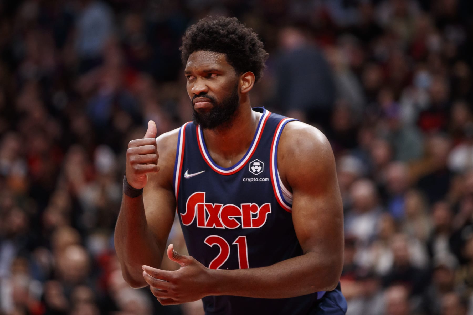 TORONTO, ON - APRIL 28:  Joel Embiid #21 of the Philadelphia 76ers reacts during Game Six of the Eastern Conference First Round against the Toronto Raptors at Scotiabank Arena on April 28, 2022 in Toronto, Canada. NOTE TO USER: User expressly acknowledges and agrees that, by downloading and or using this Photograph, user is consenting to the terms and conditions of the Getty Images License Agreement. (Photo by Cole Burston/Getty Images)