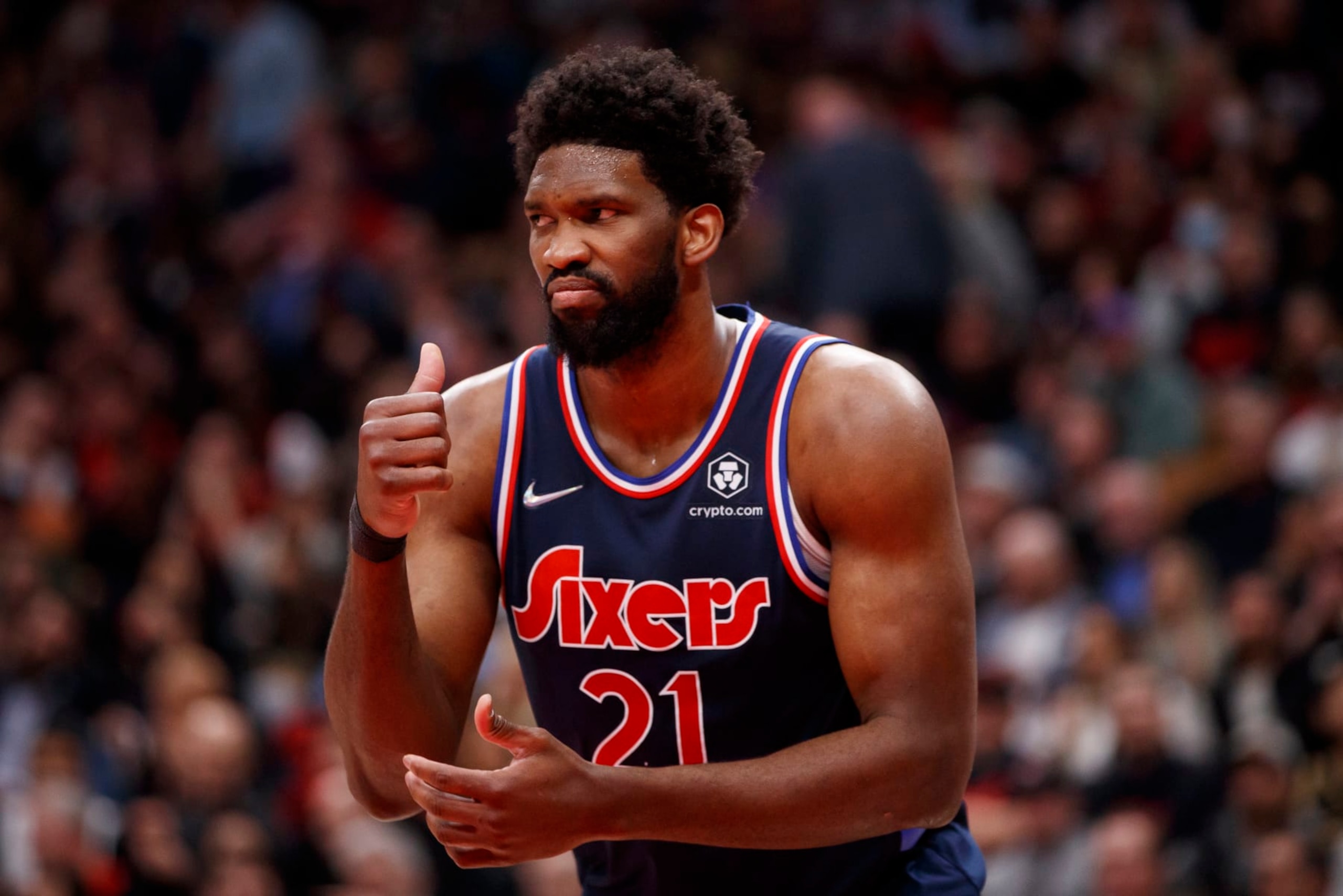 TORONTO, ON - APRIL 28:  Joel Embiid #21 of the Philadelphia 76ers reacts during Game Six of the Eastern Conference First Round against the Toronto Raptors at Scotiabank Arena on April 28, 2022 in Toronto, Canada. NOTE TO USER: User expressly acknowledges and agrees that, by downloading and or using this Photograph, user is consenting to the terms and conditions of the Getty Images License Agreement. (Photo by Cole Burston/Getty Images)