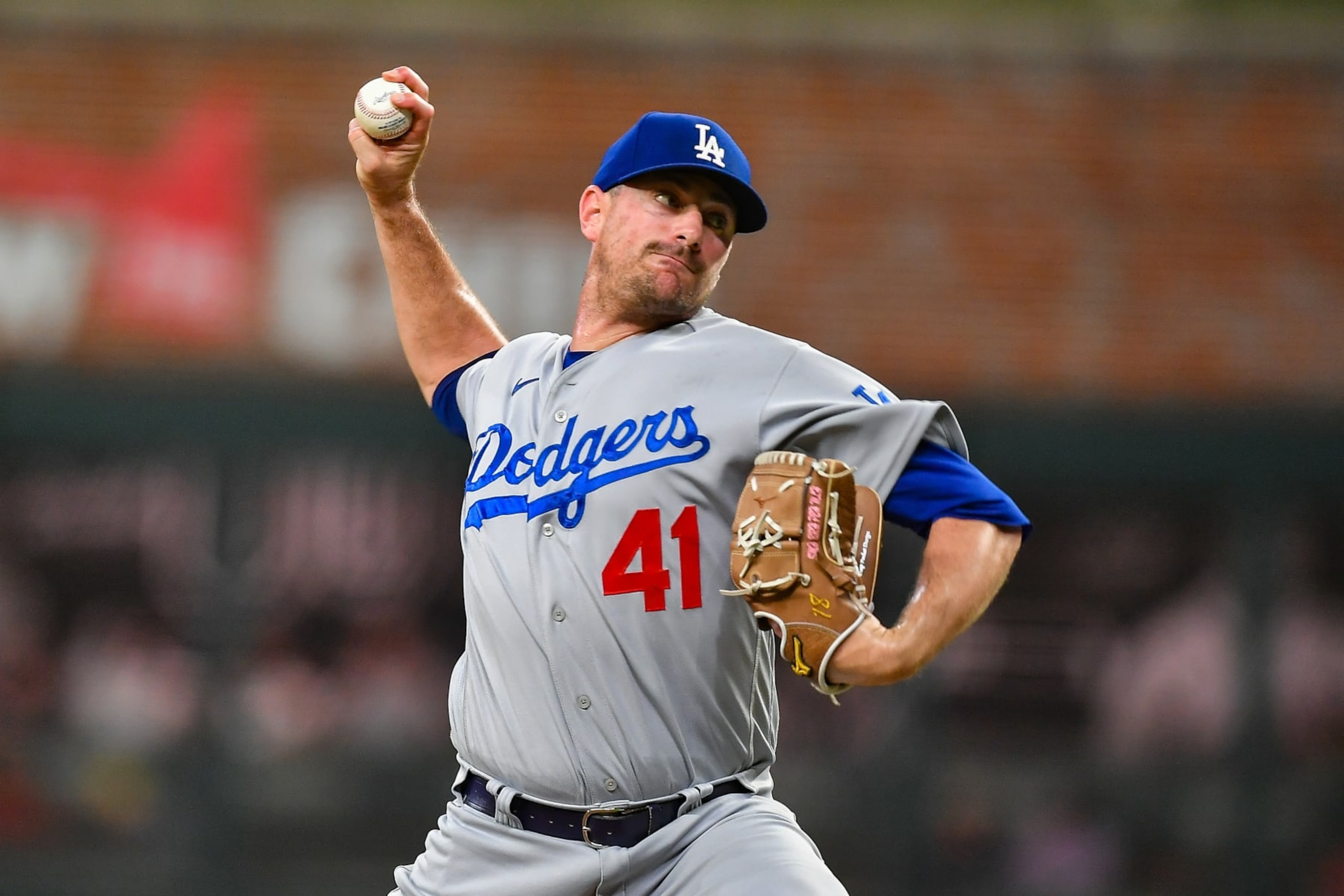 ATLANTA, GA  JUNE 24:  Los Angeles relief pitcher Daniel Hudson (41) throws a pitch during the MLB game between the Los Angeles Dodgers and the Atlanta Braves on June 24th, 2022 at Truist Park in Atlanta, GA. (Photo by Rich von Biberstein/Icon Sportswire via Getty Images)