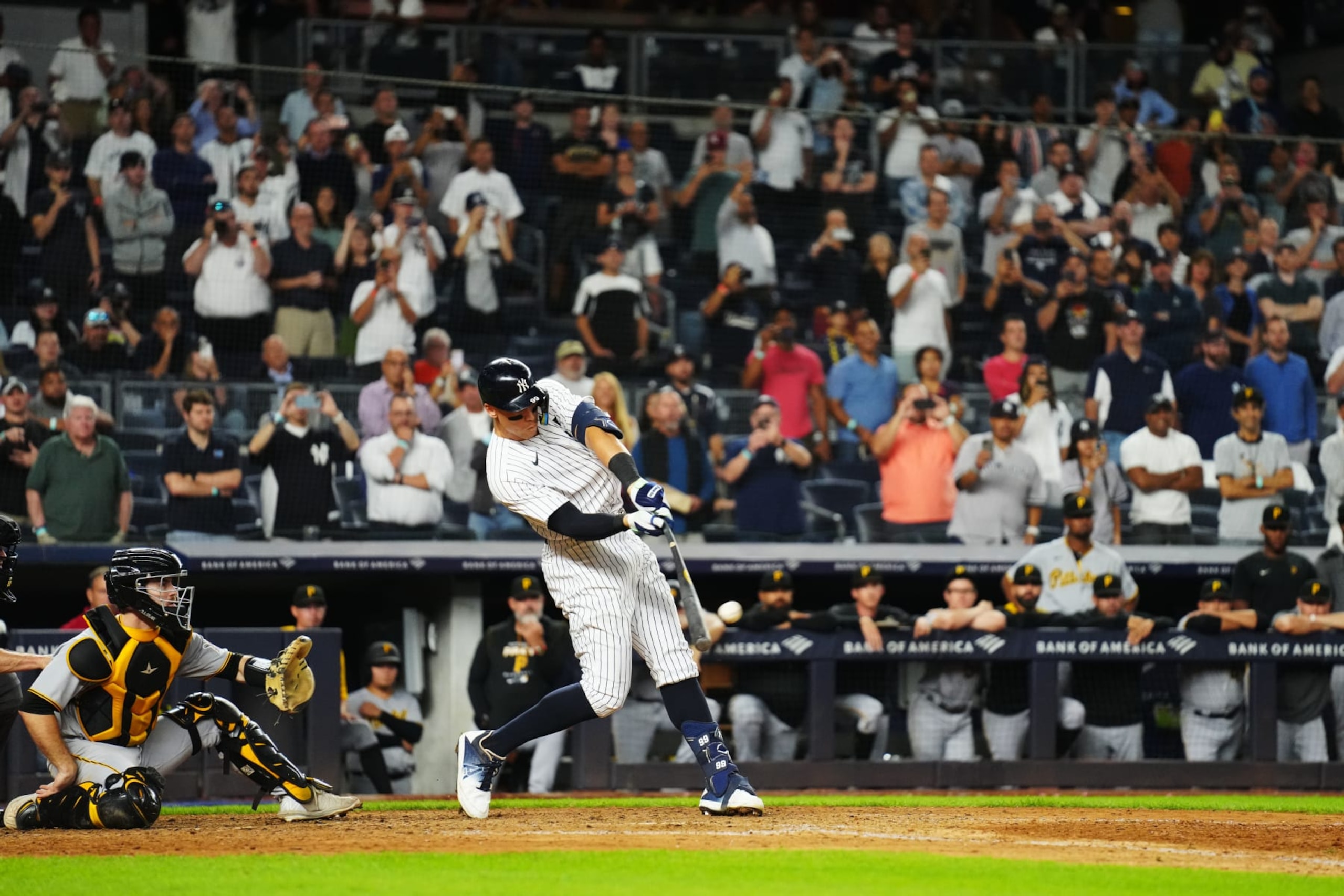 NEW YORK, NY - SEPTEMBER 20: Aaron Judge #99 of the New York Yankees hits his 60th home run of the season in the ninth inning during the game between the Pittsburgh Pirates and the New York Yankees at Yankee Stadium on Tuesday, September 20, 2022 in New York, New York. (Photo by Daniel Shirey/MLB Photos via Getty Images)